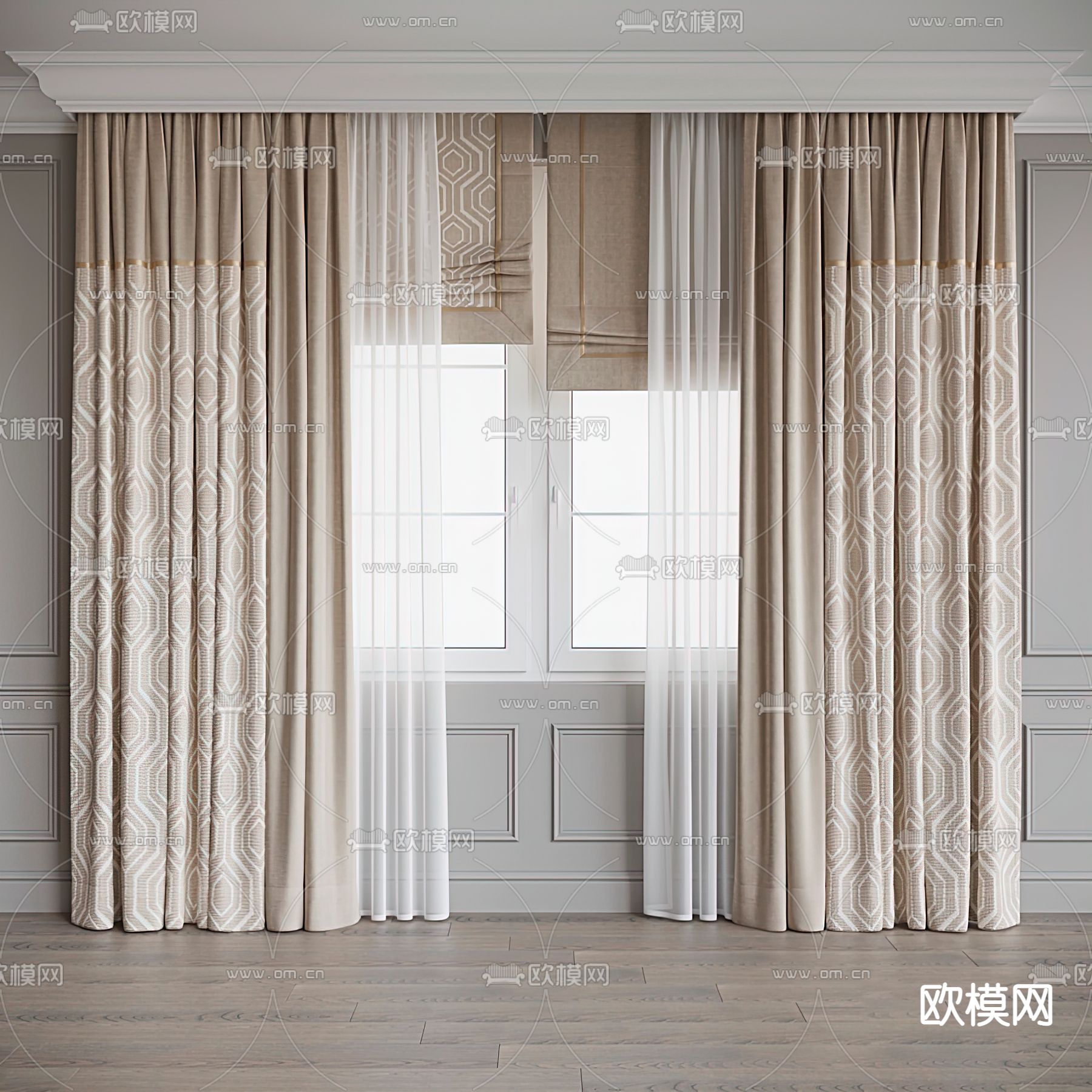 简欧布艺窗帘3d模型下载（渲染图1）
