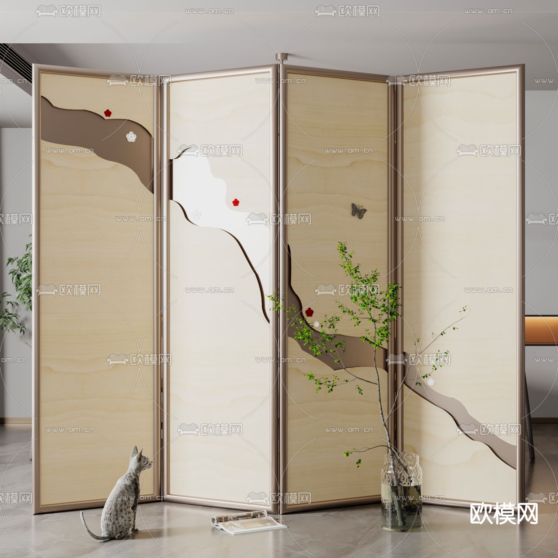 新中式折叠屏风隔断3d模型下载