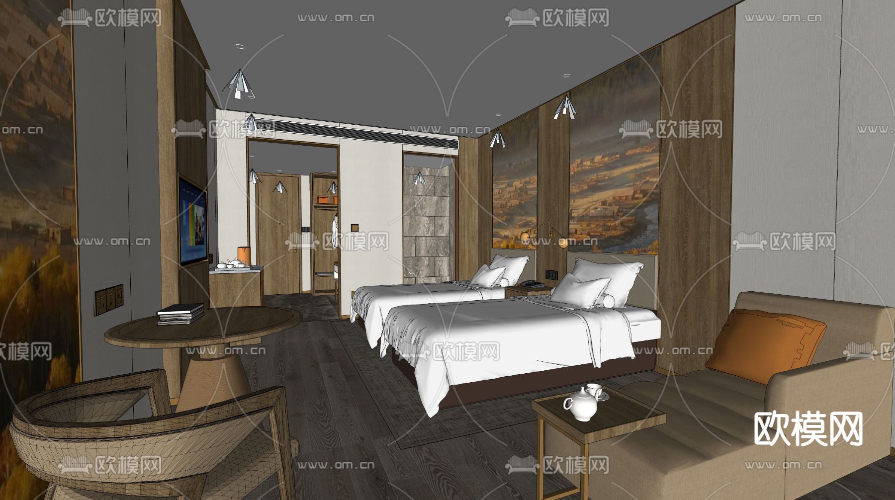 现代度假风酒店客房su模型下载（渲染图4）