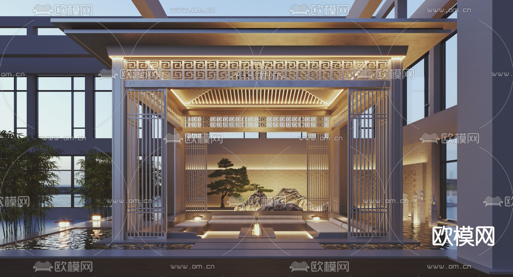 新中式别墅庭院凉亭3d模型下载