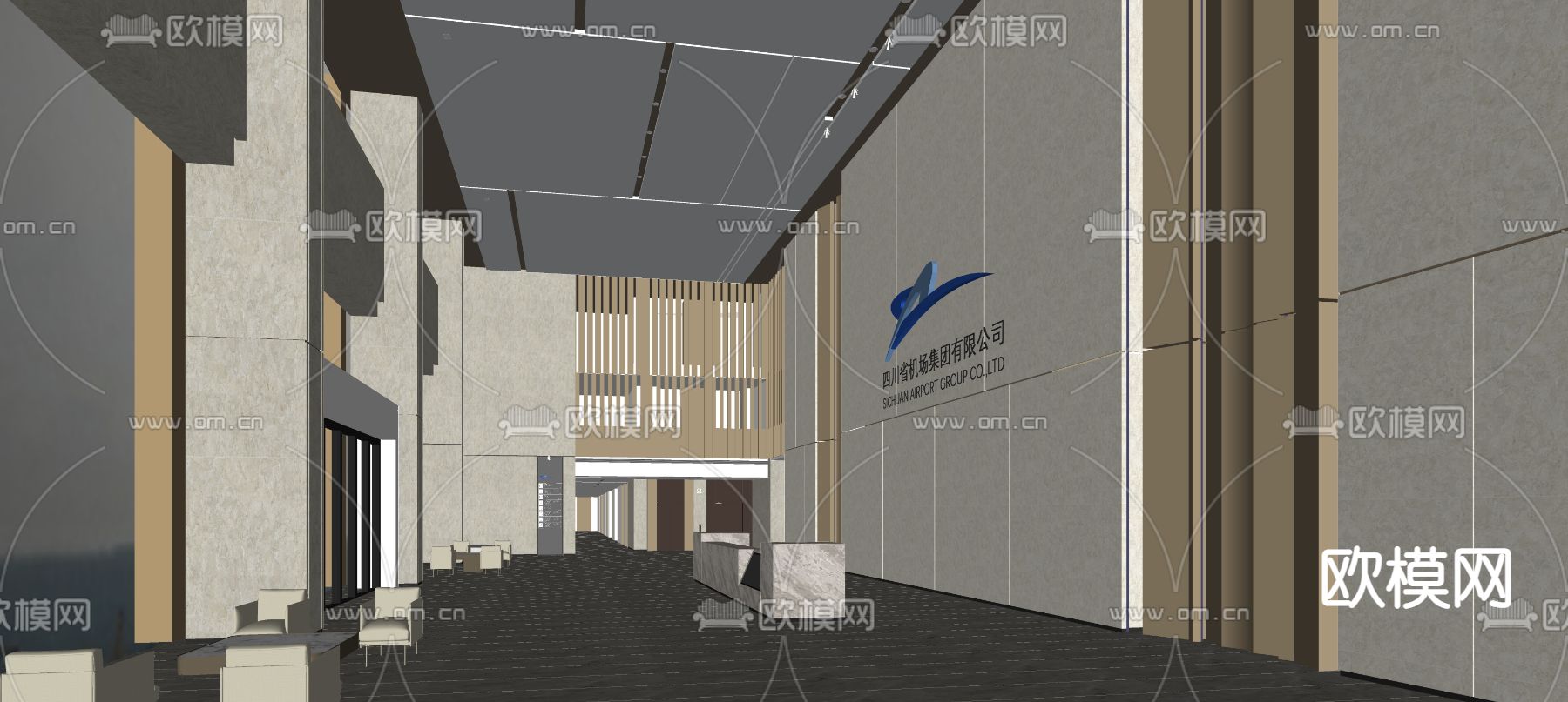 现代办公楼大堂su模型下载（渲染图2）