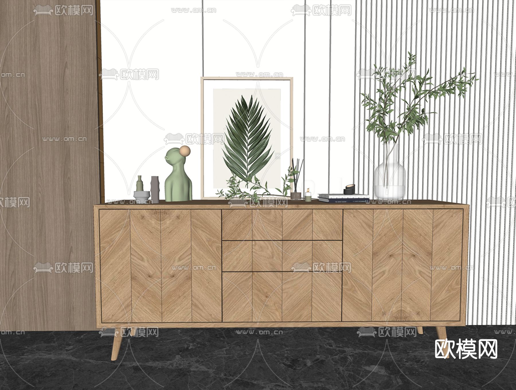 北欧实木边柜su模型下载（渲染图2）