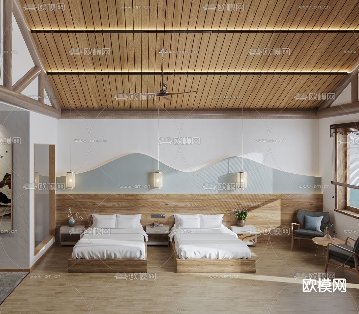 自然风民宿双床客房3d模型下载（渲染图1）
