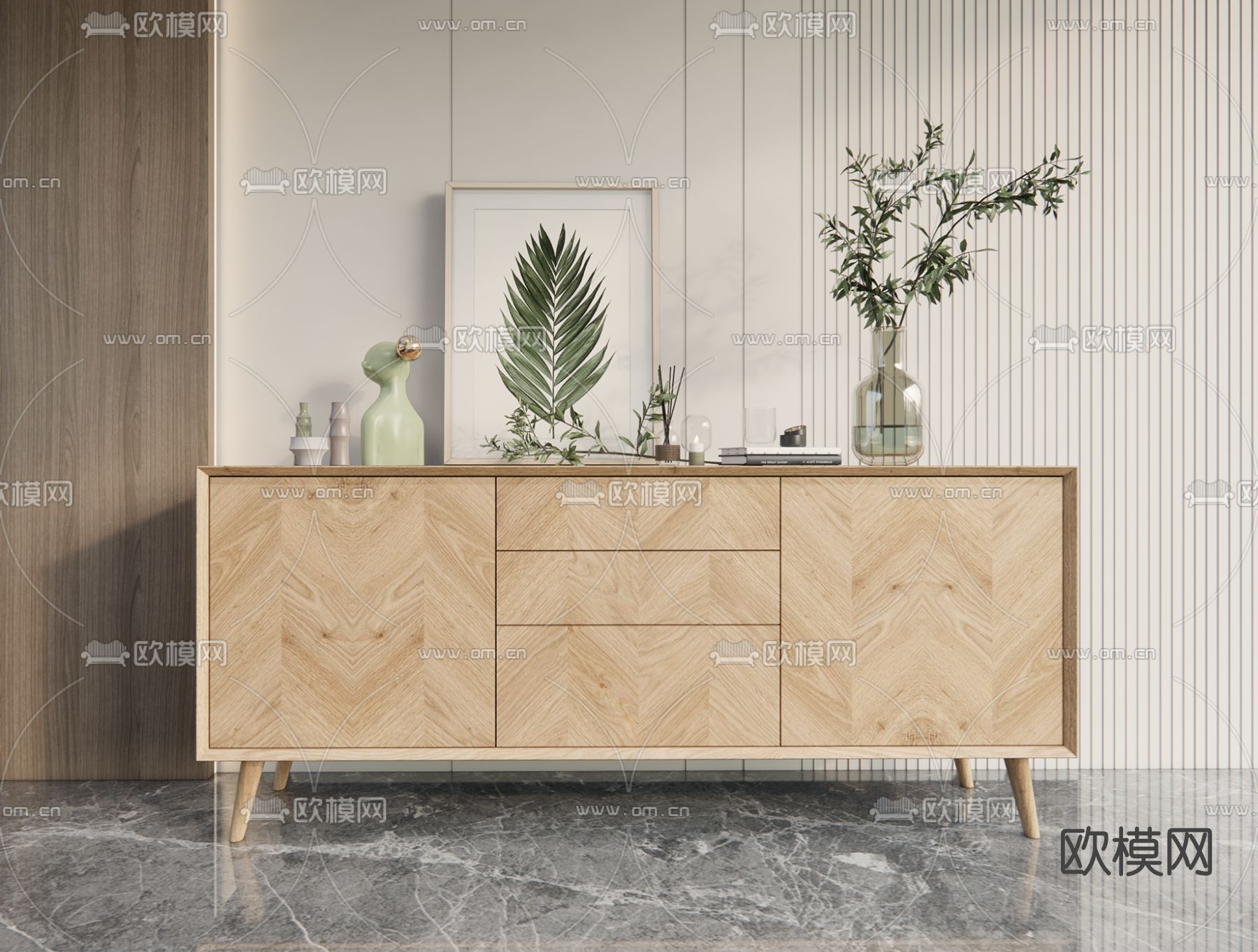 北欧实木边柜su模型下载（渲染图1）