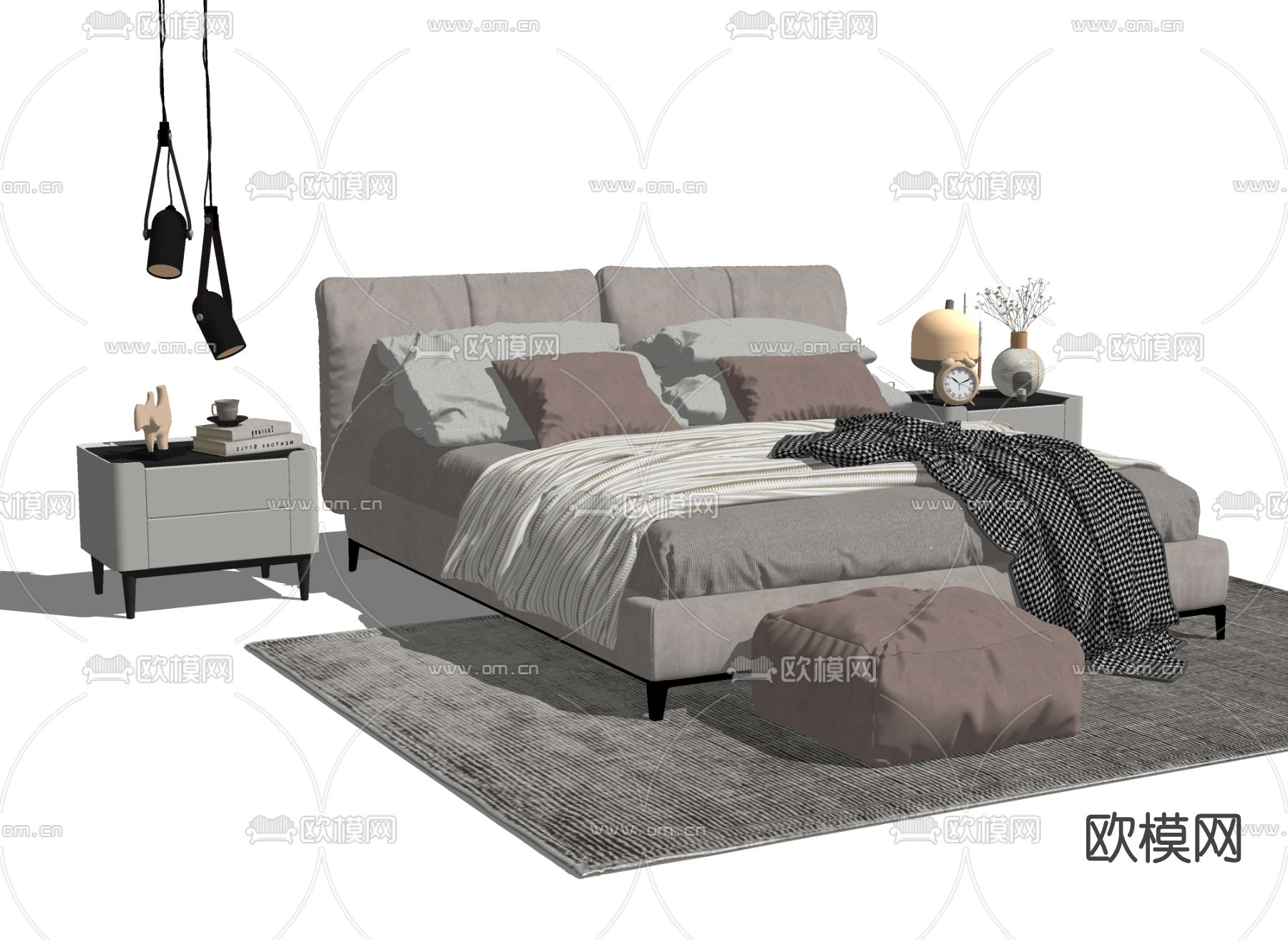 现代布艺双人床su模型下载（渲染图2）