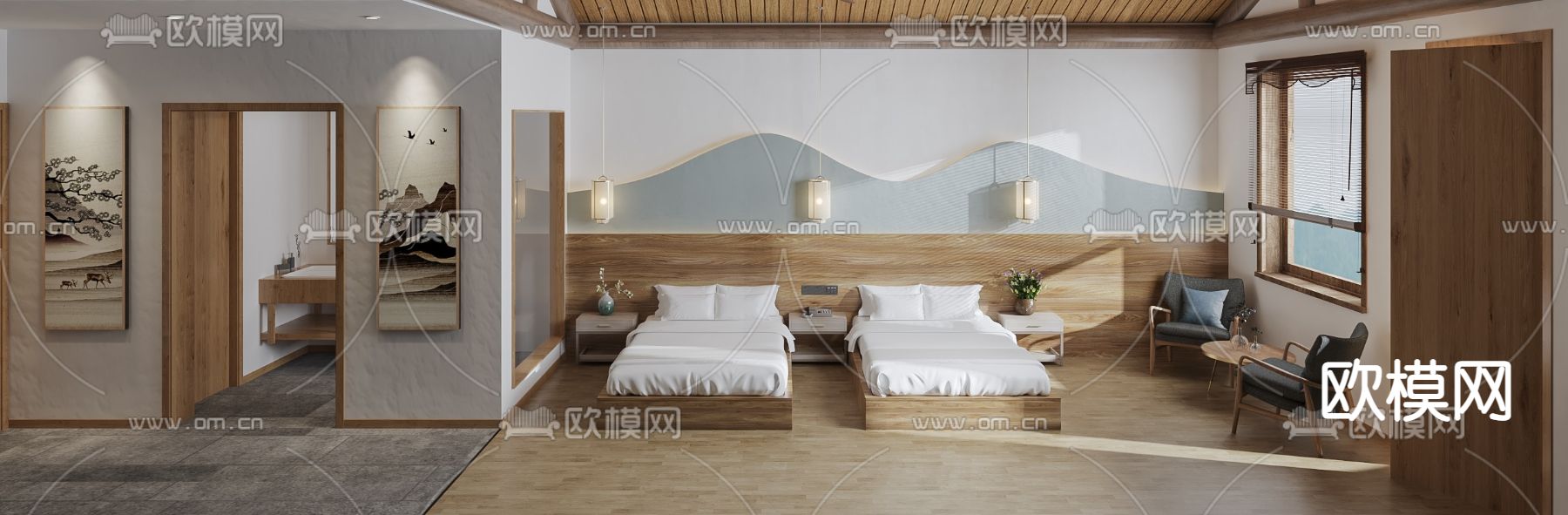 自然风民宿双床客房3d模型下载（渲染图3）