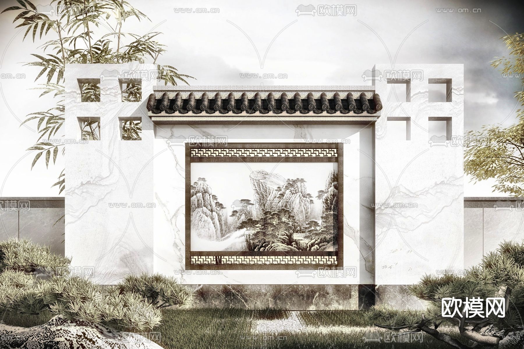 新中式园林景观墙3d模型下载