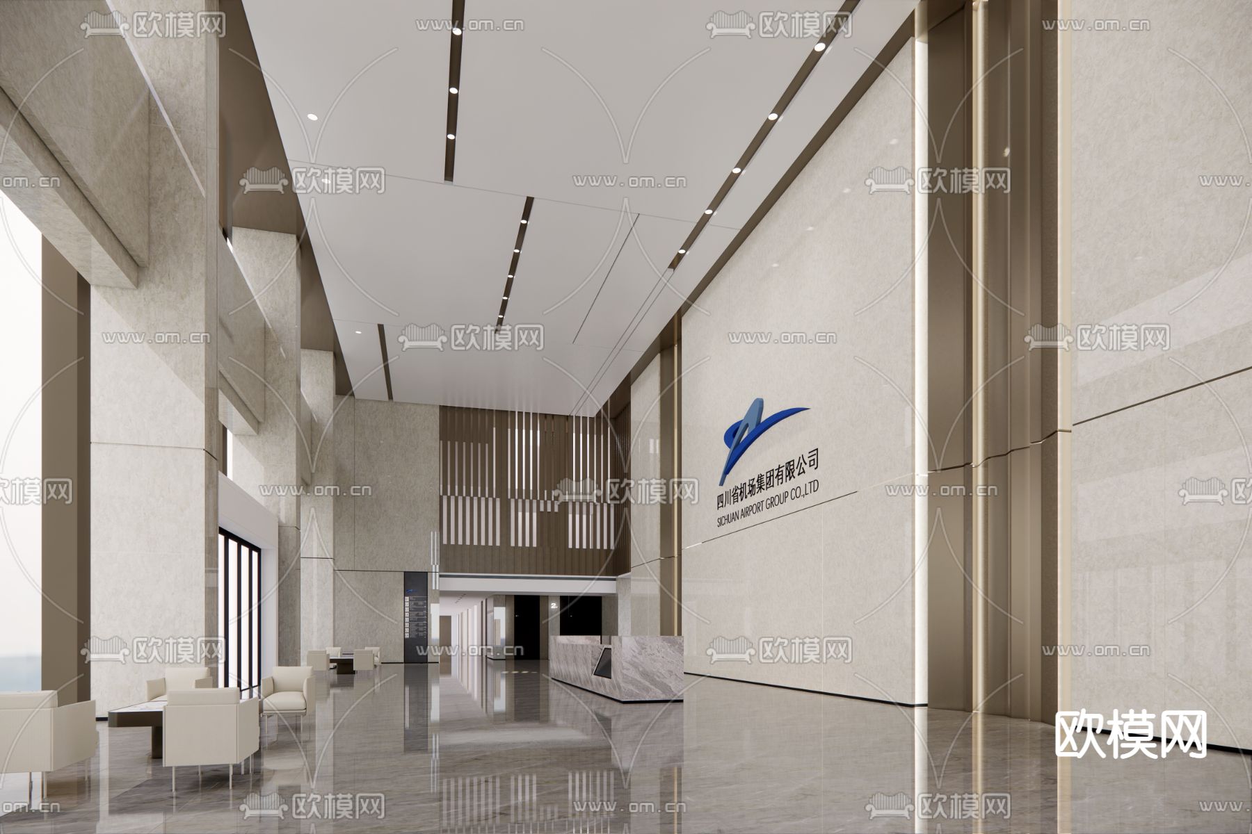 现代办公楼大堂su模型下载（渲染图1）