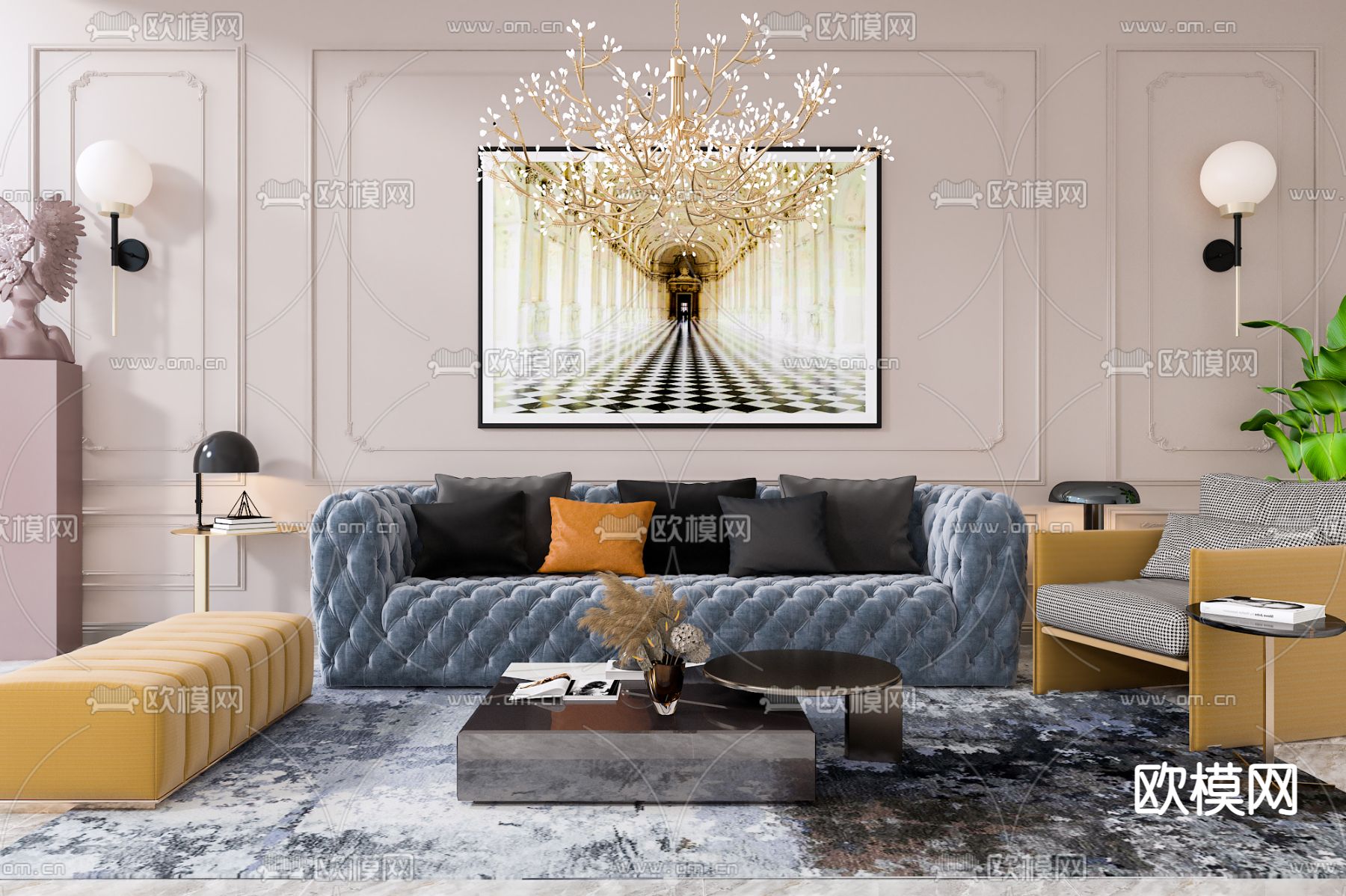 简欧布艺沙发组合3d模型下载