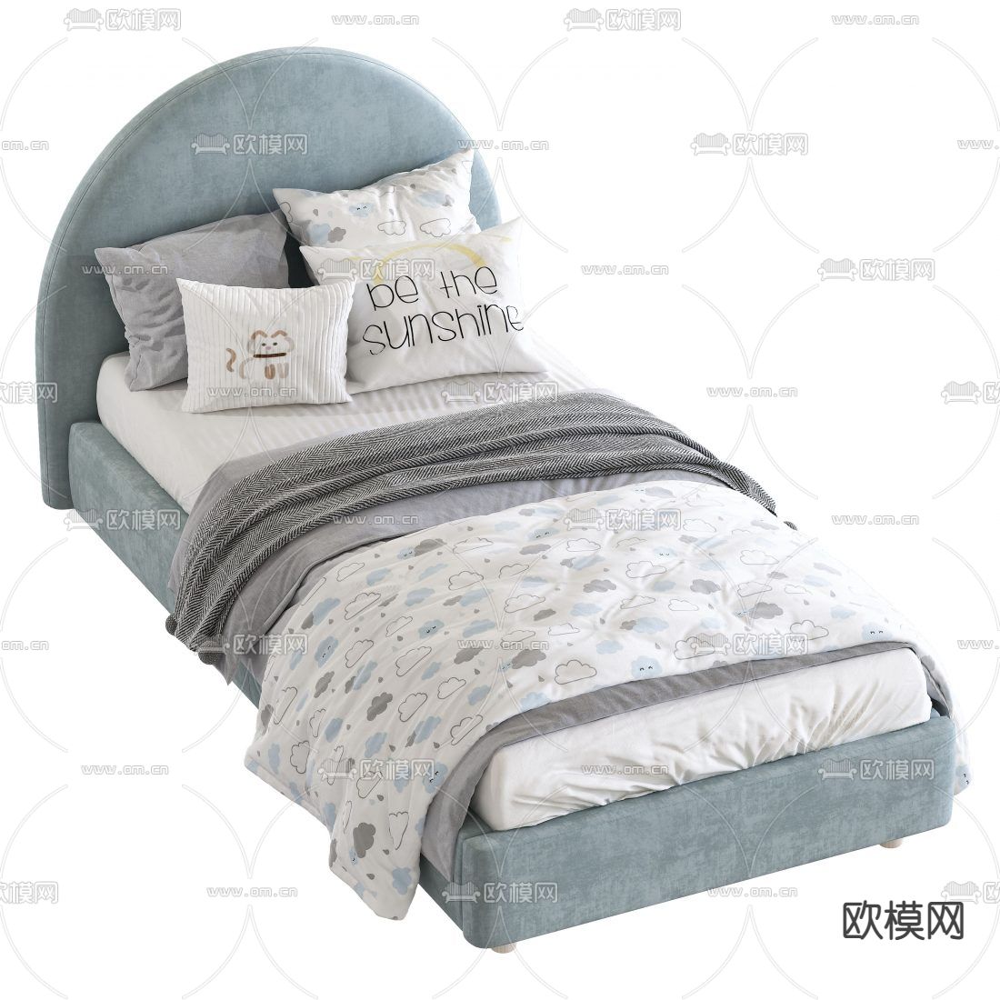 现代布艺单人床3d模型下载（渲染图2）