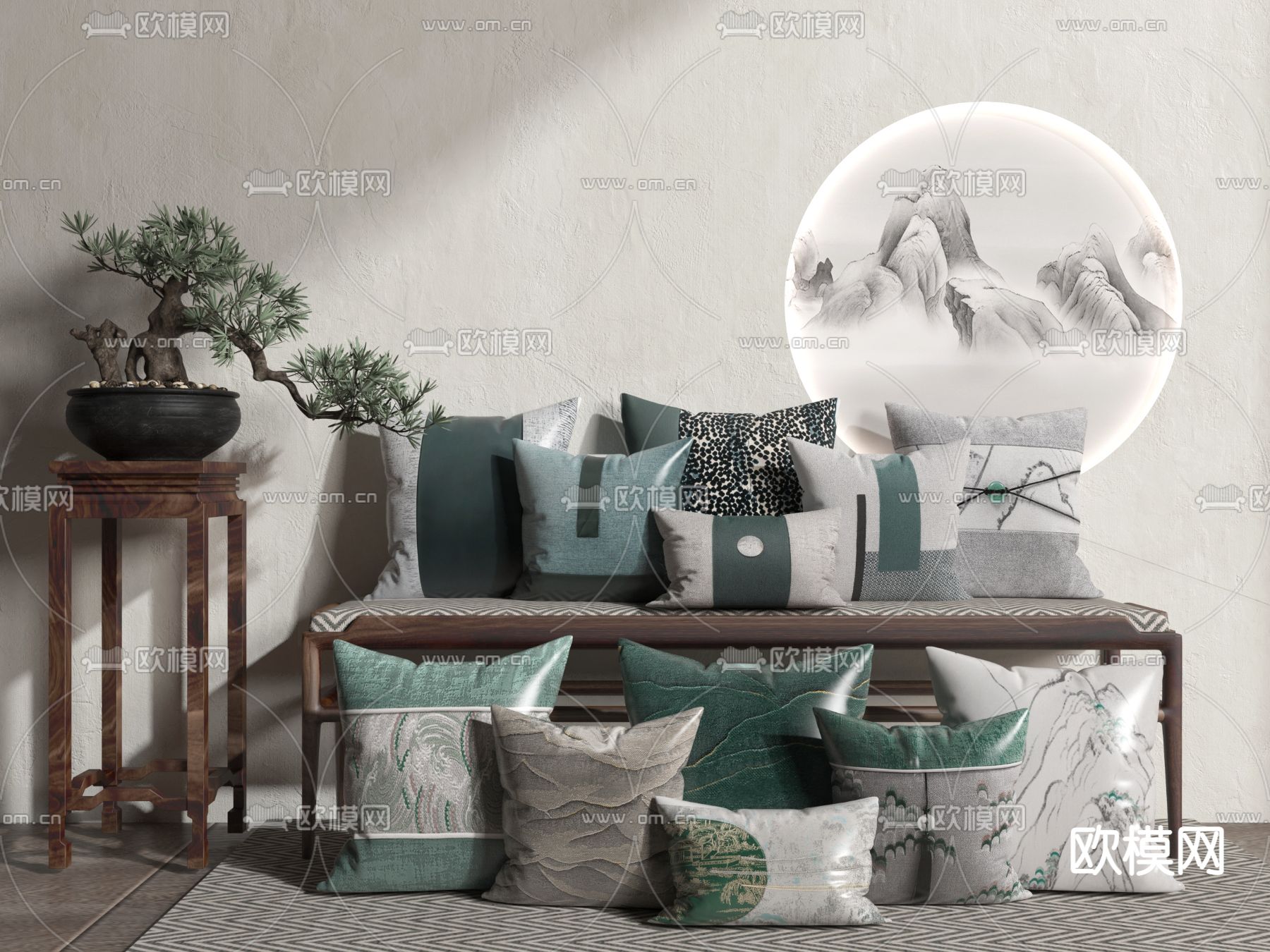 新中式布艺抱枕3d模型下载