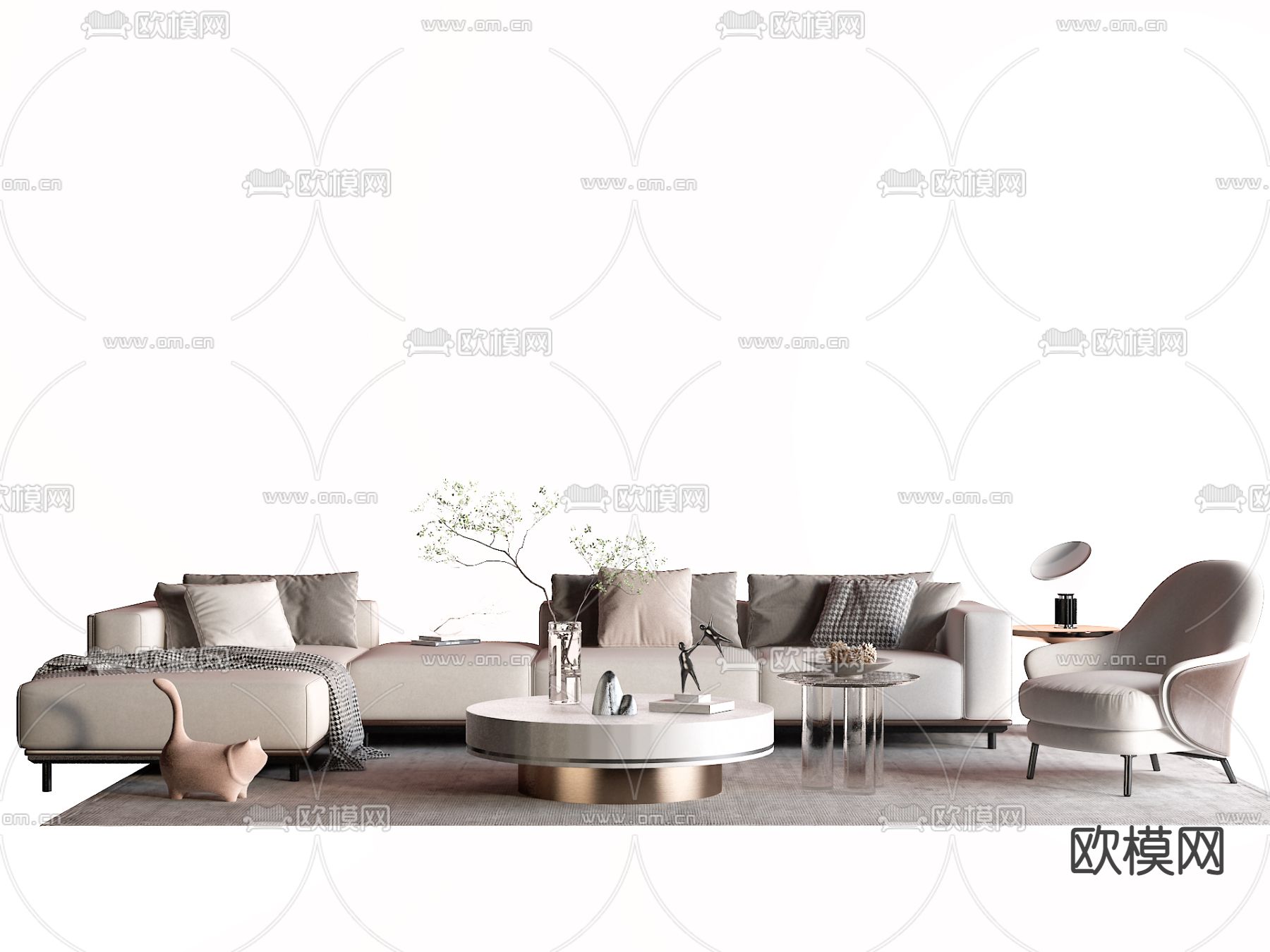 现代布艺转角沙发组合3d模型下载