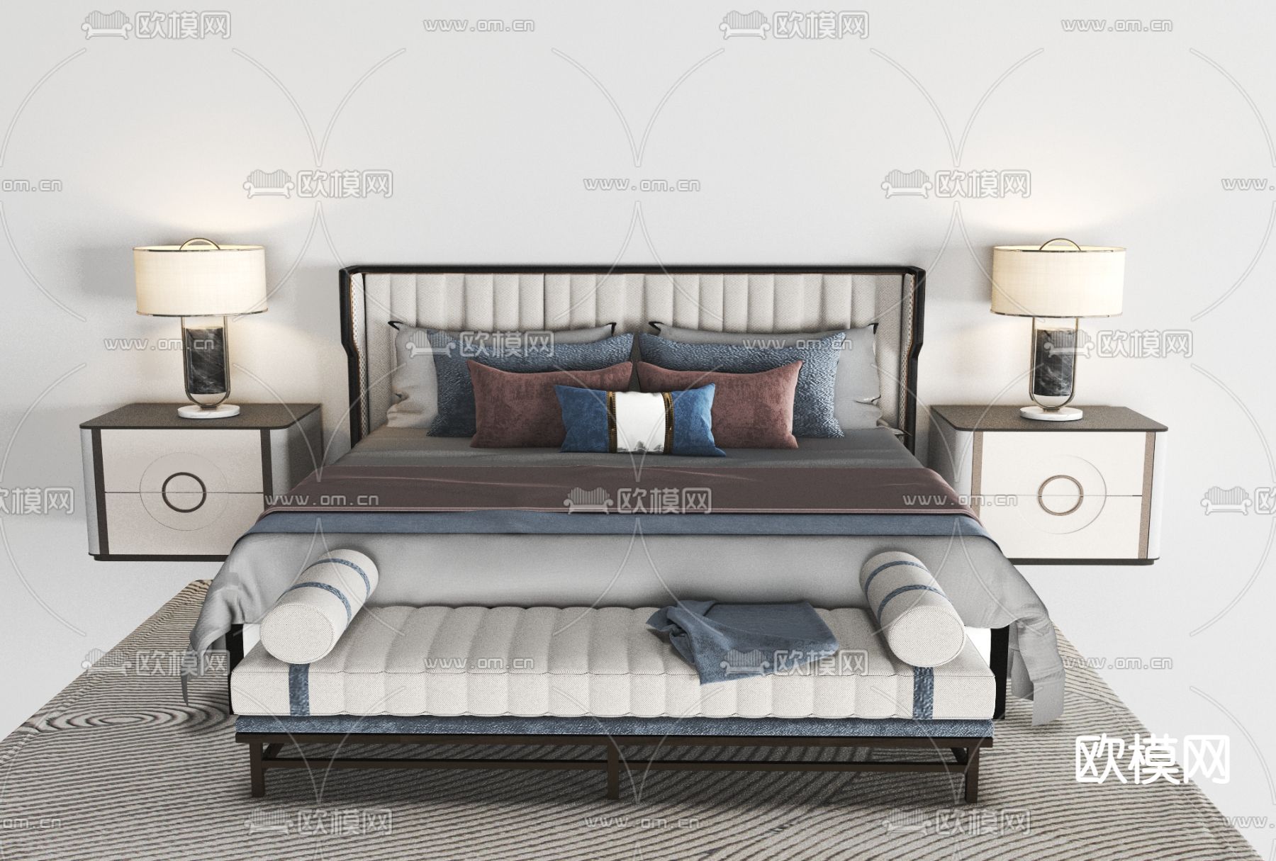 新中式布艺双人床免费3d模型下载