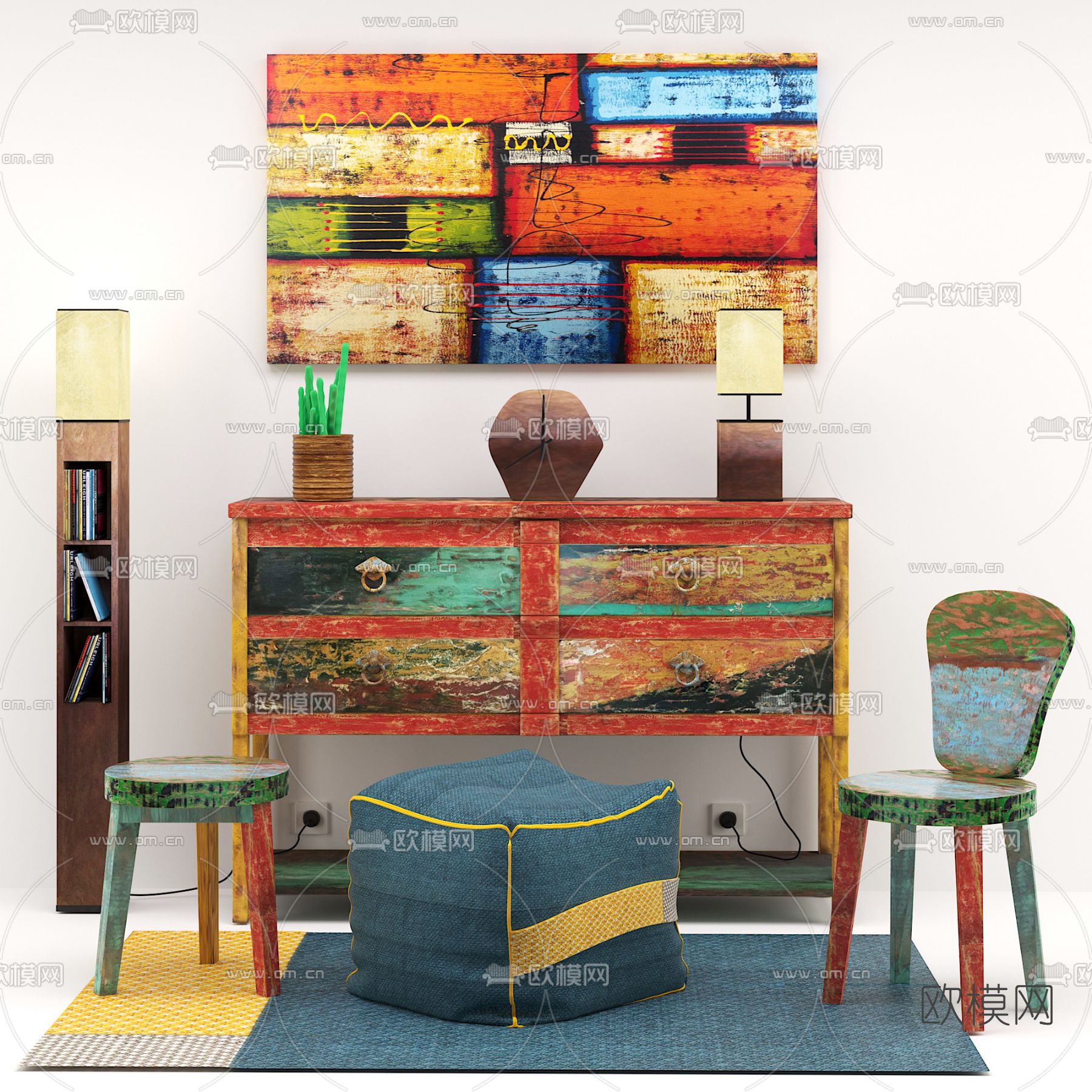 东南亚木质边柜凳子免费3d模型下载