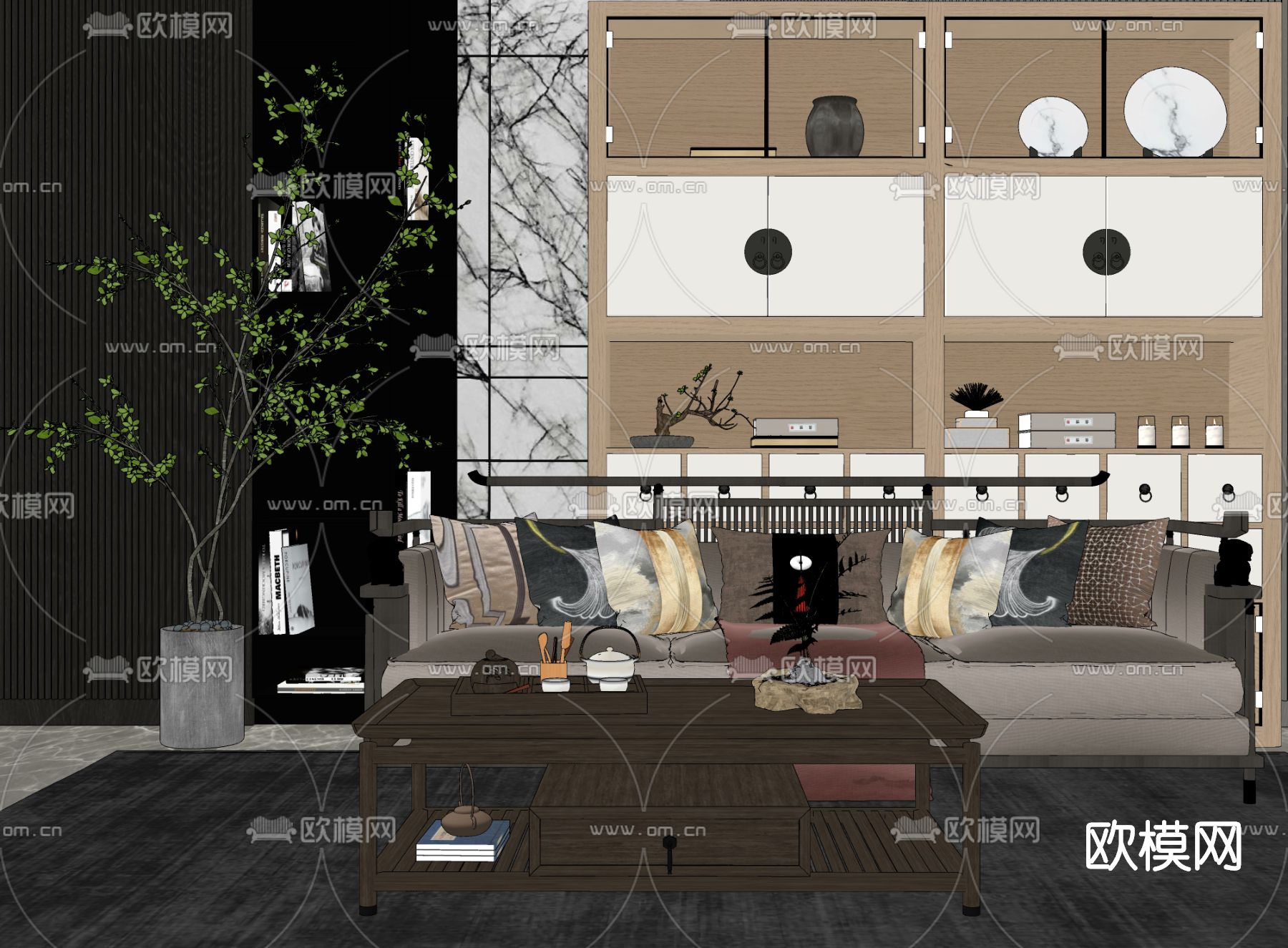 新中式布艺多人沙发su模型下载（渲染图2）