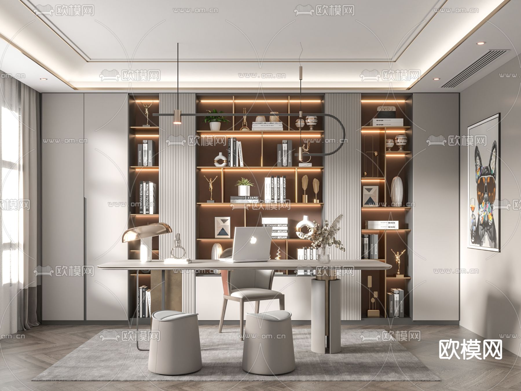 现代轻奢书房su模型下载（渲染图1）