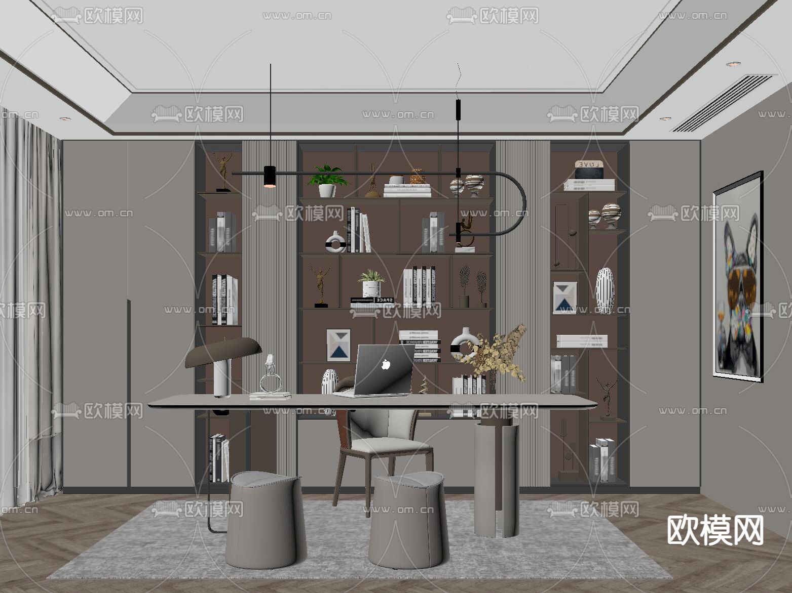 现代轻奢书房su模型下载（渲染图2）