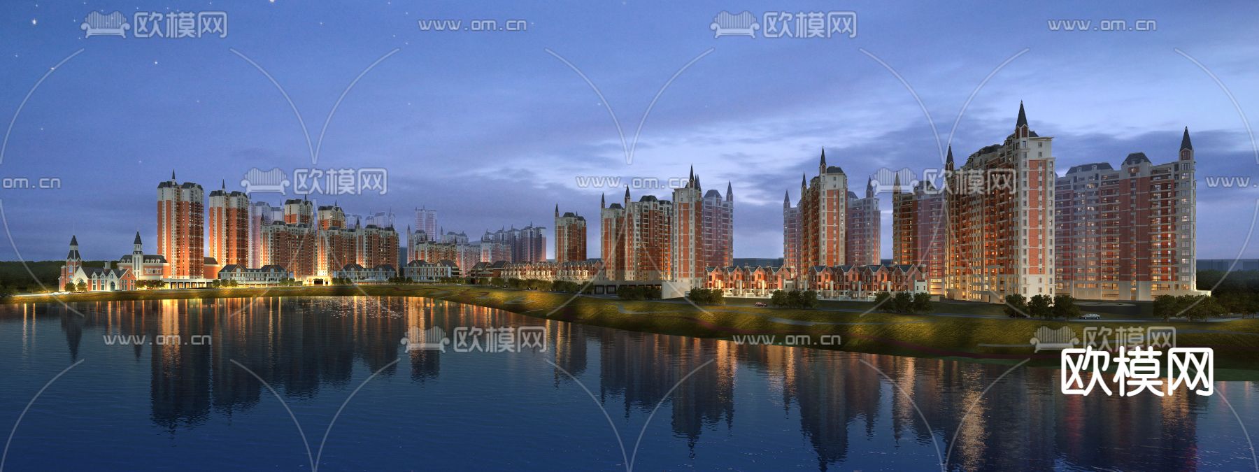 欧式商业小区住宅夜景建筑外观3d模型下载