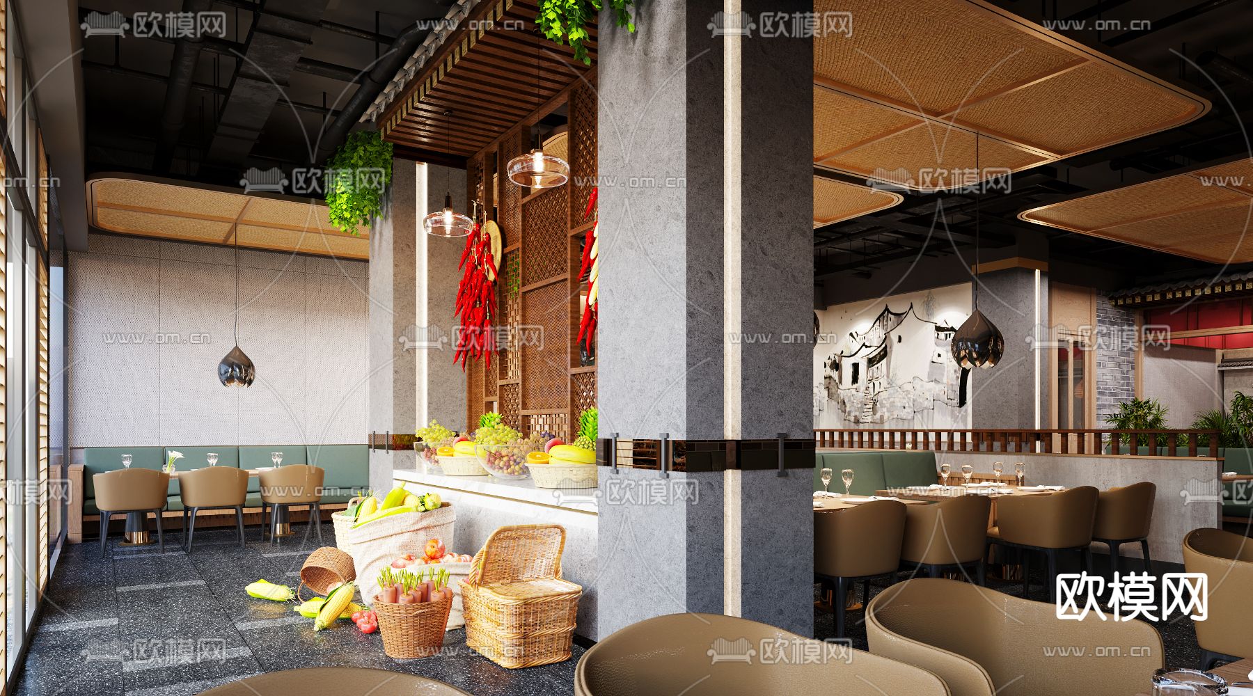 新中式烤肉自助餐厅3d模型下载（渲染图2）