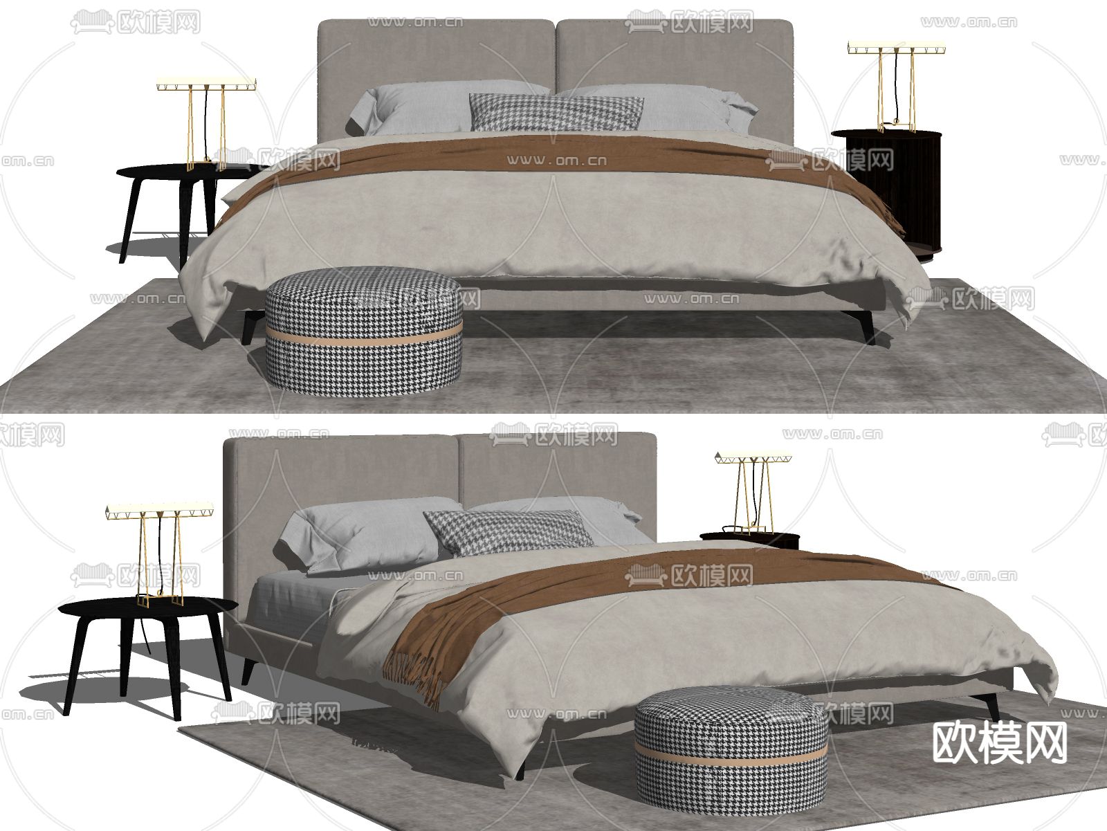 现代布艺双人床su模型下载（渲染图2）
