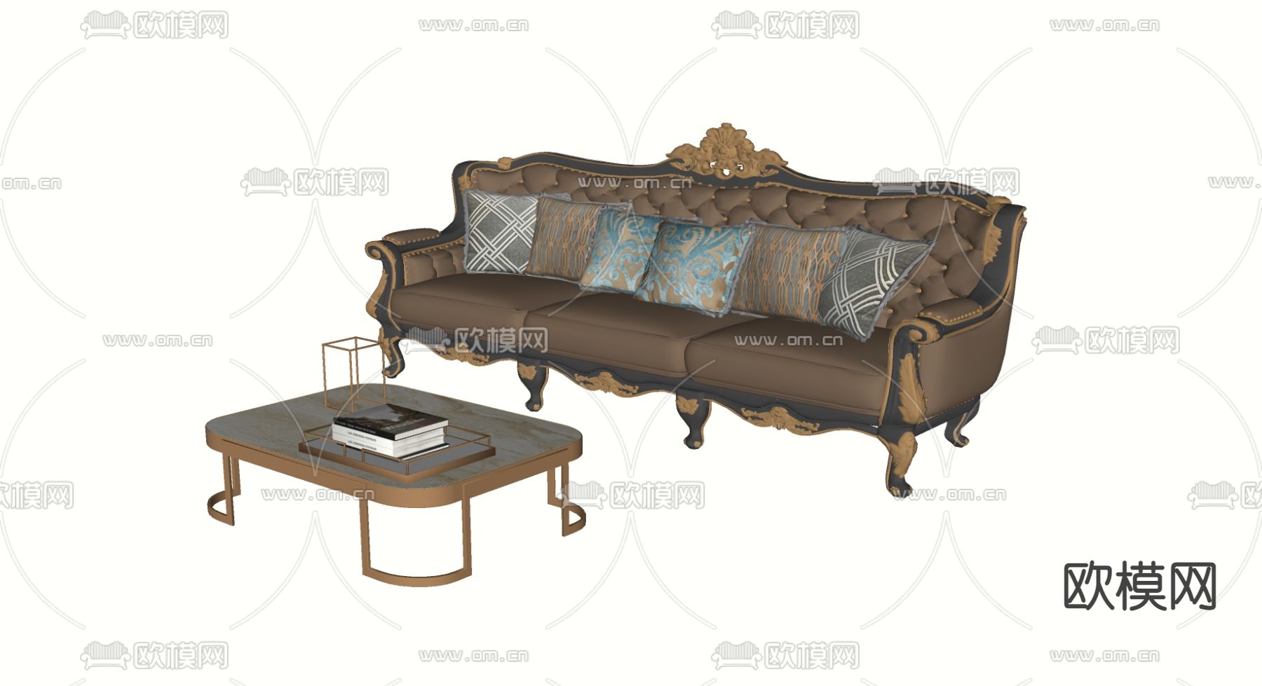 欧式布艺沙发茶几组合su模型下载（渲染图2）