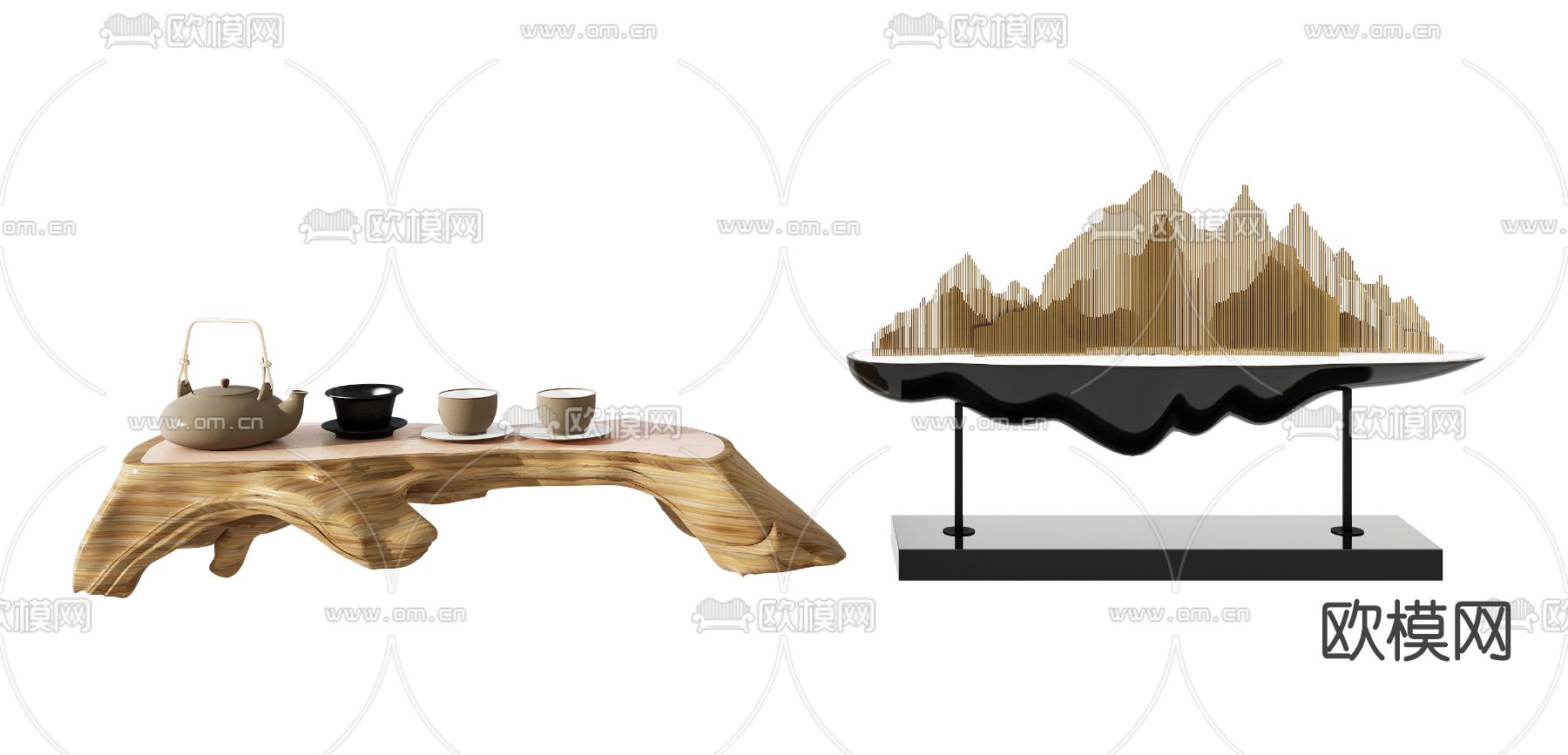 新中式茶具雕塑摆件3d模型下载