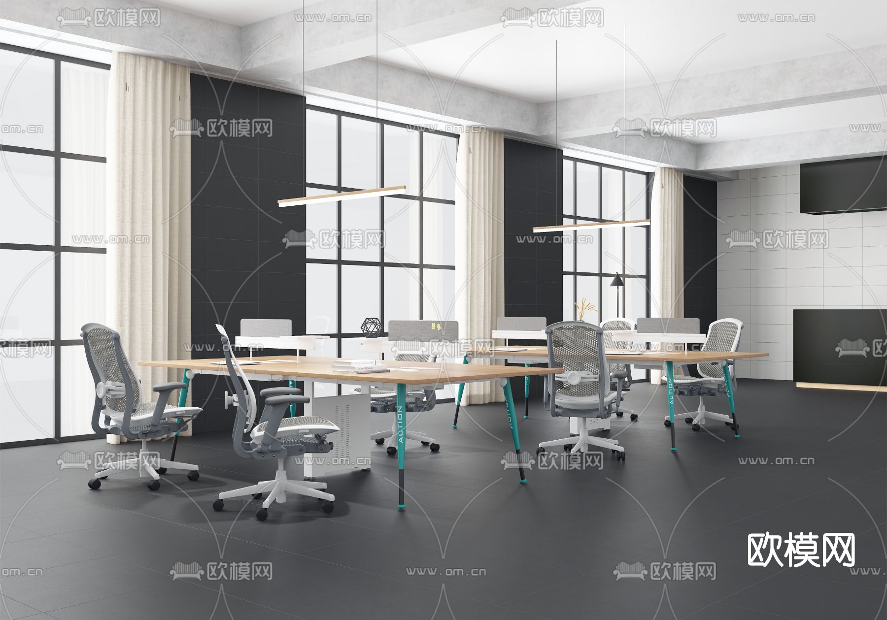 现代卡位办公桌椅3d模型下载（渲染图1）