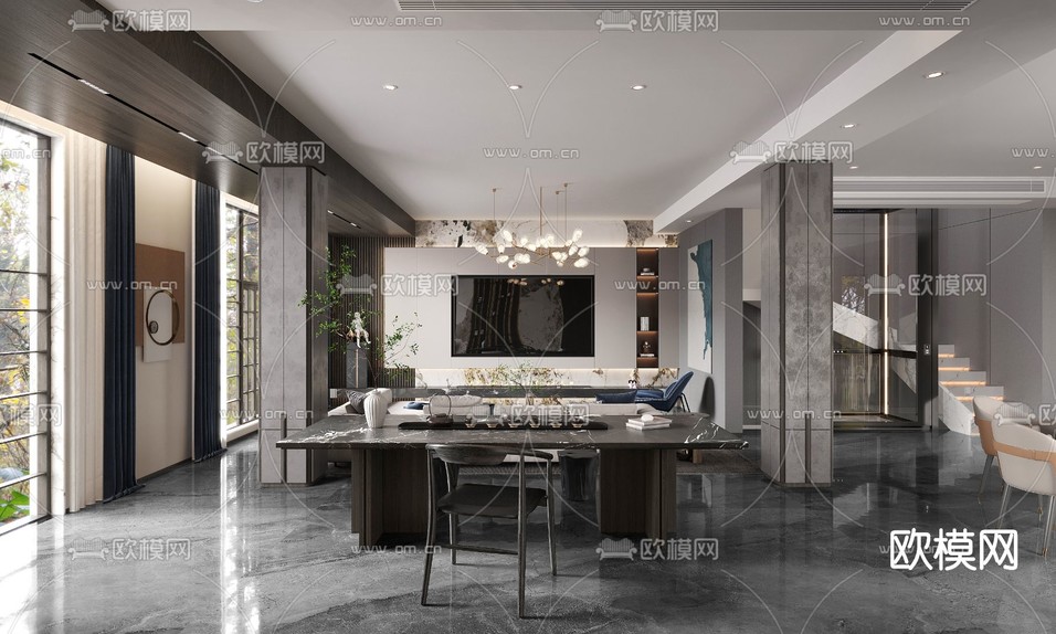 现代复式客餐厅3d模型下载(渲染图2)