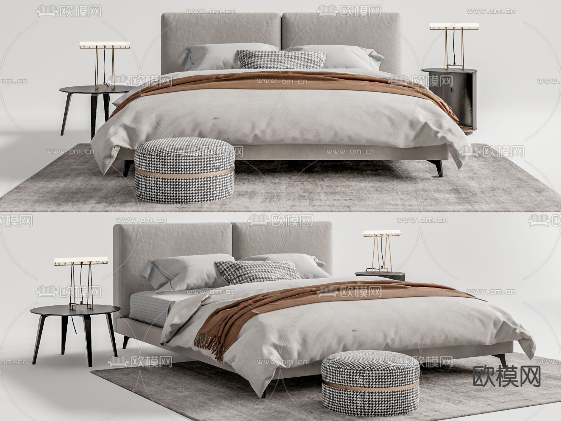 现代布艺双人床su模型下载（渲染图1）