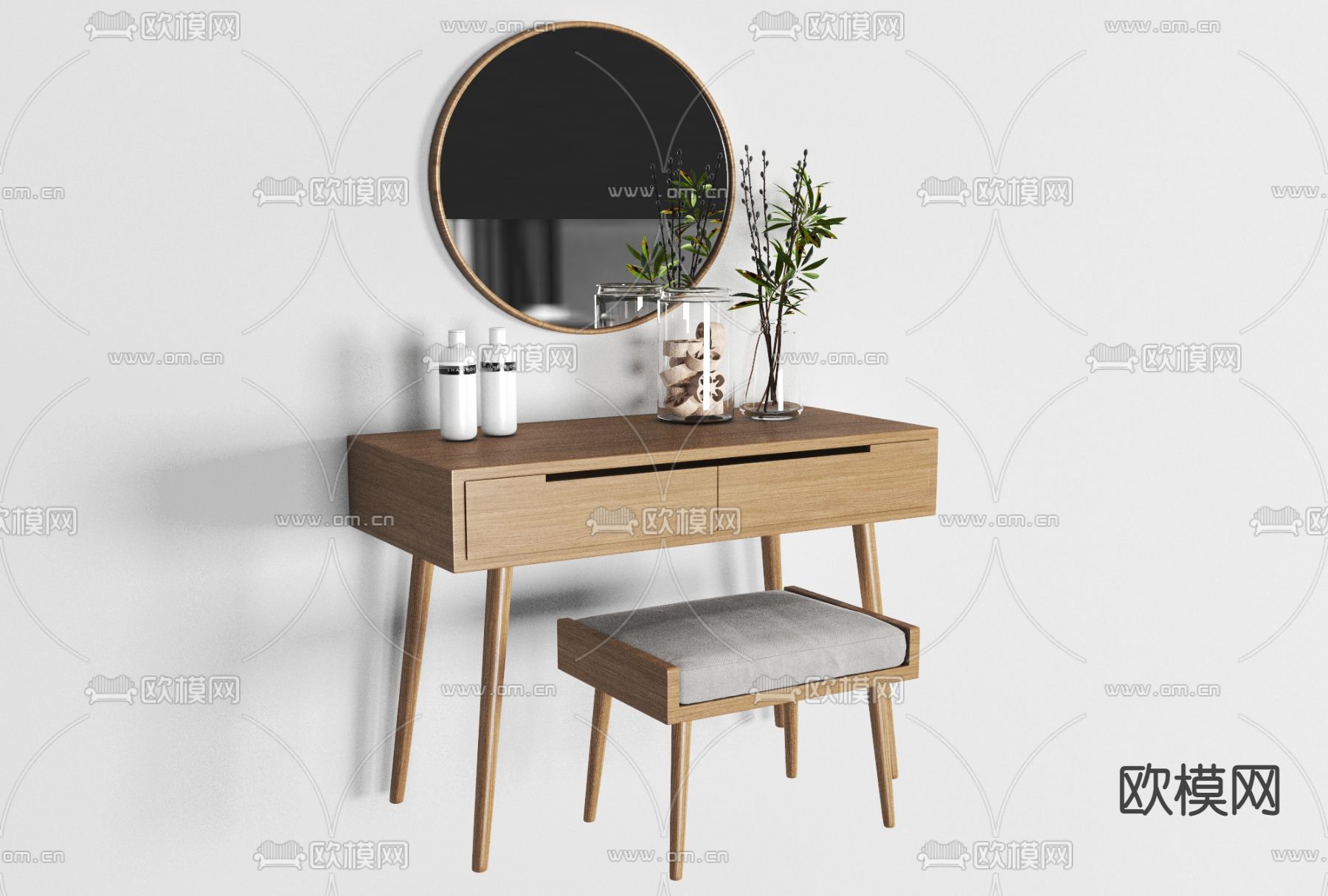 北欧实木梳妆台椅免费3d模型下载