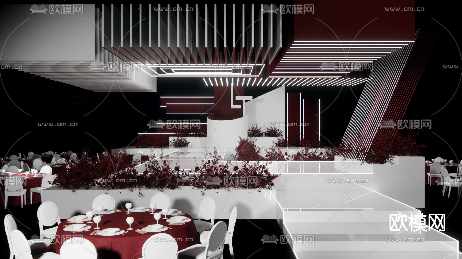 现代红色秀场风su模型下载（渲染图3）