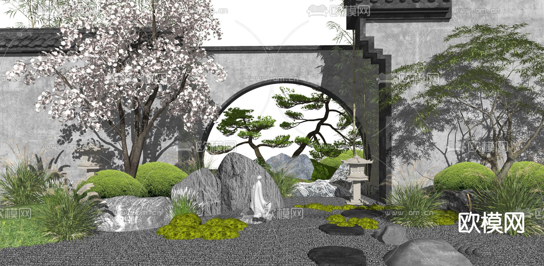 日式枯山石庭院景观su模型