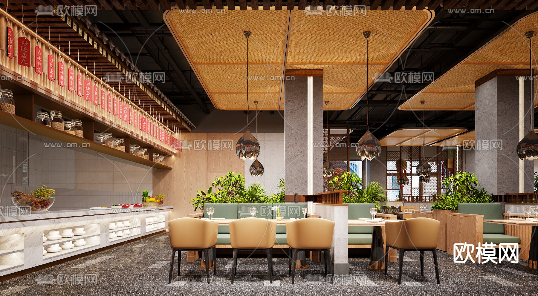 新中式烤肉自助餐厅3d模型下载（渲染图1）