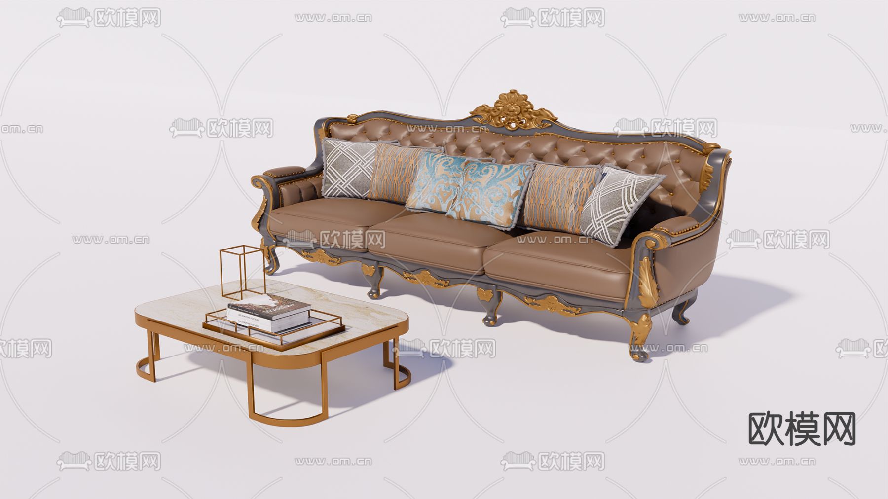 欧式布艺沙发茶几组合su模型下载（渲染图1）