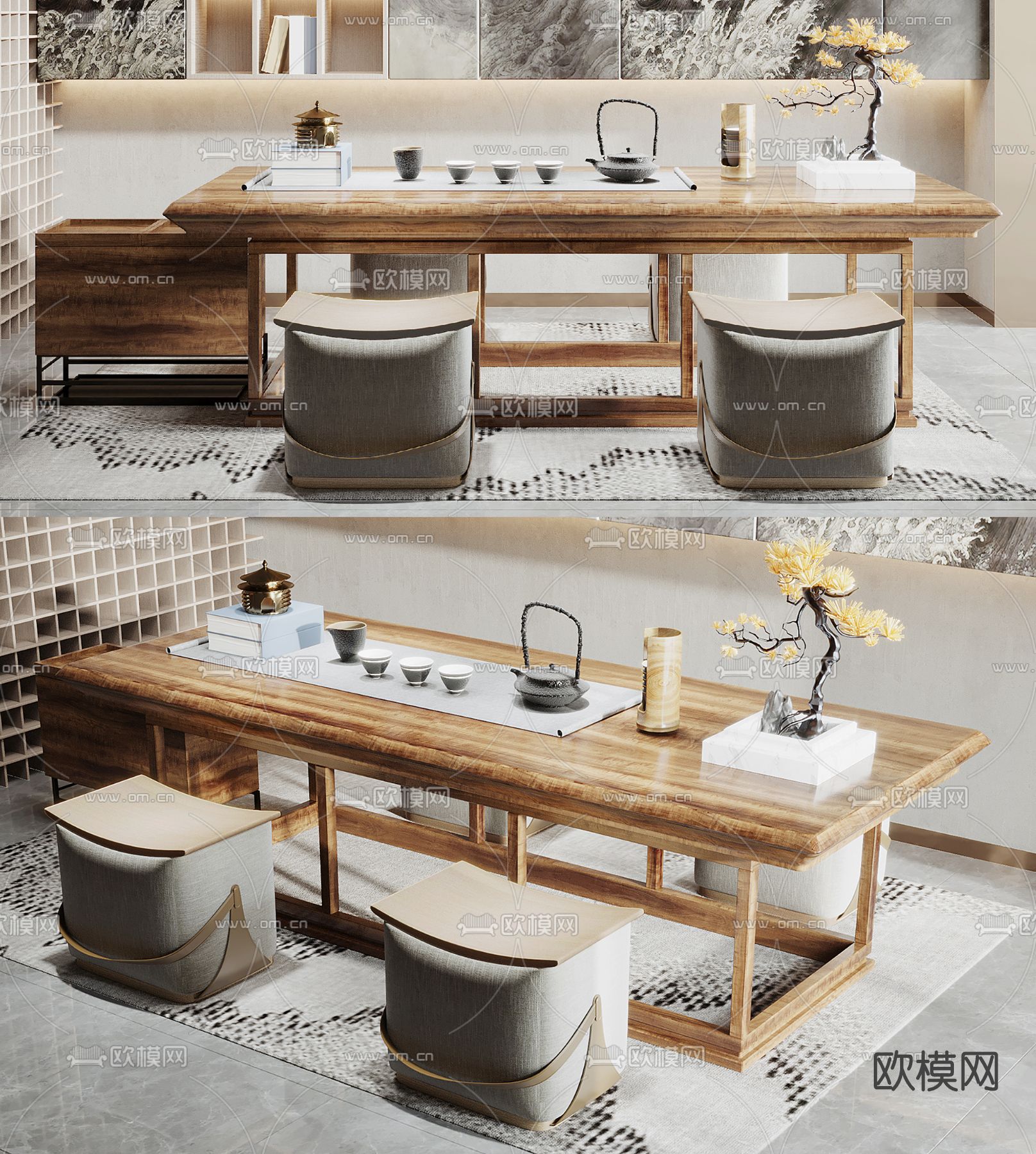 新中式实木茶桌椅3d模型
