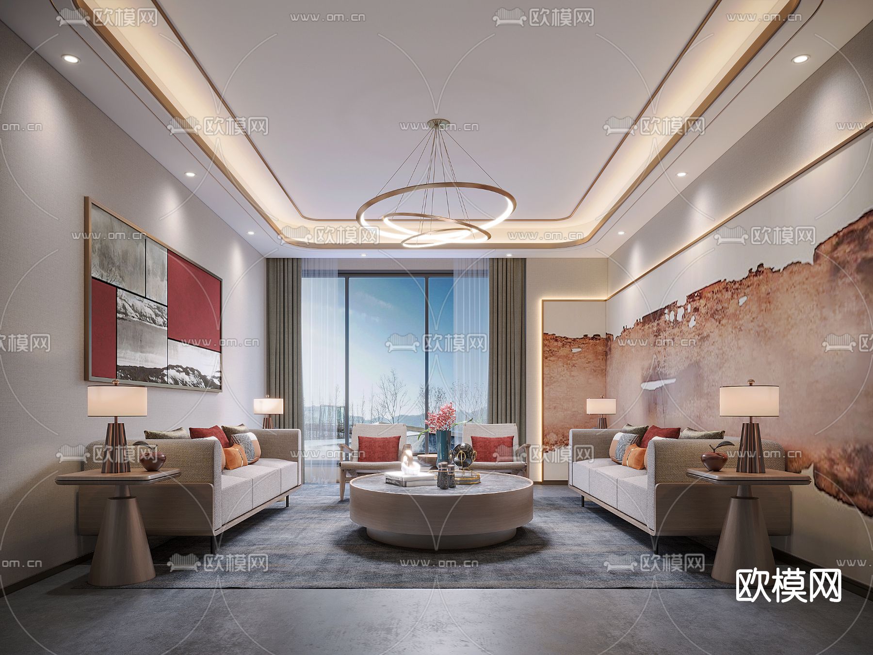 新中式售楼处VIP洽谈区3d模型下载（渲染图1）