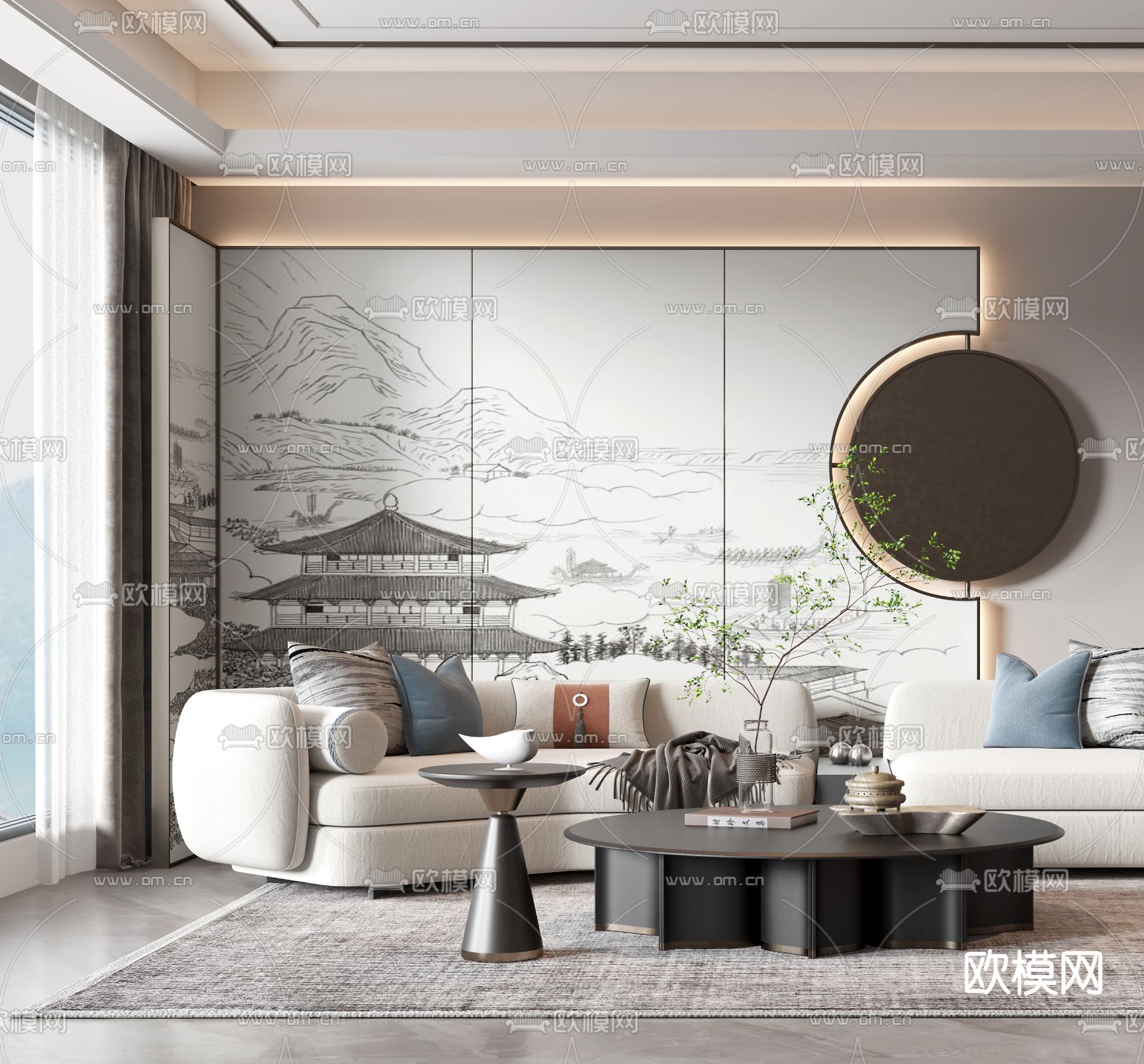 新中式布艺弧形沙发组合3d模型下载_ID11662020_3dmax免费模型-欧模网