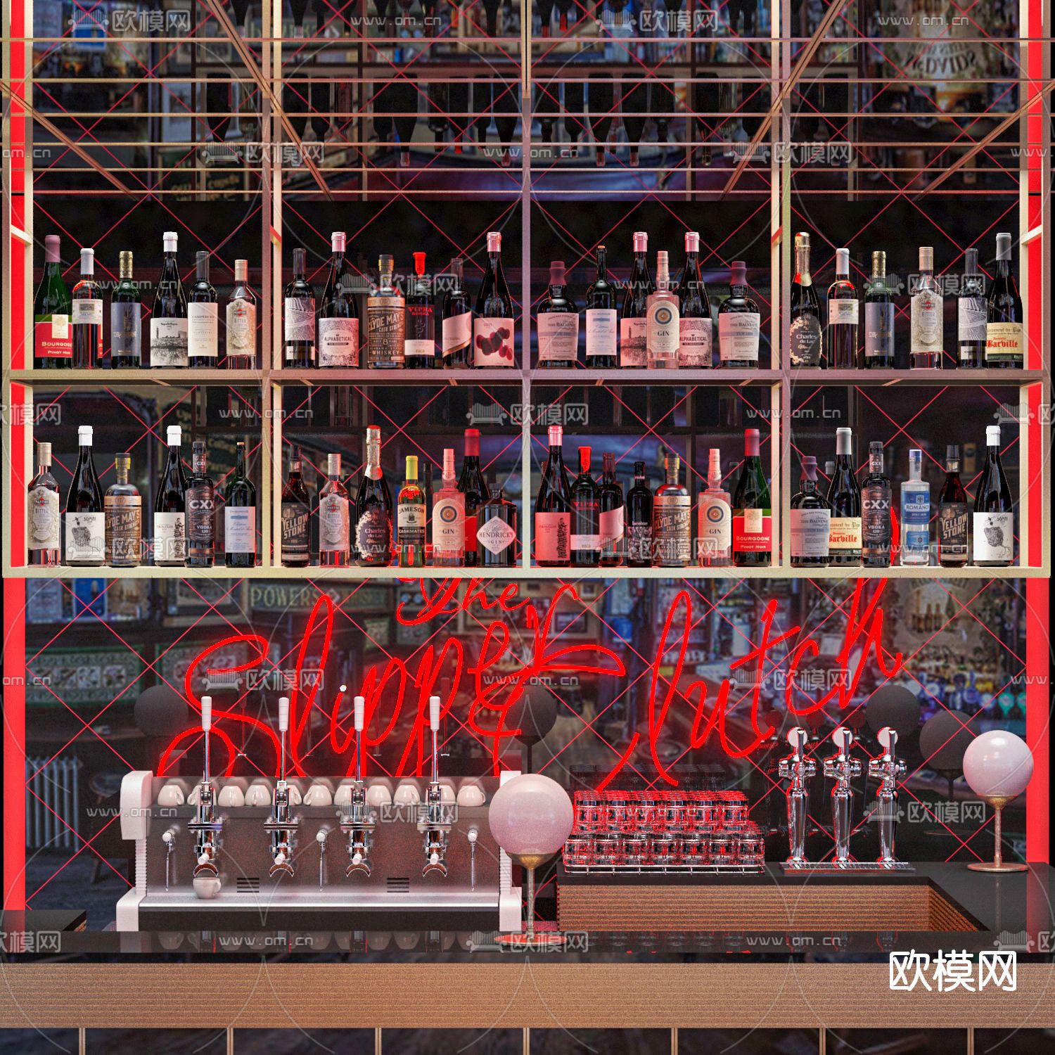 现代酒吧吧台3d模型下载（渲染图2）
