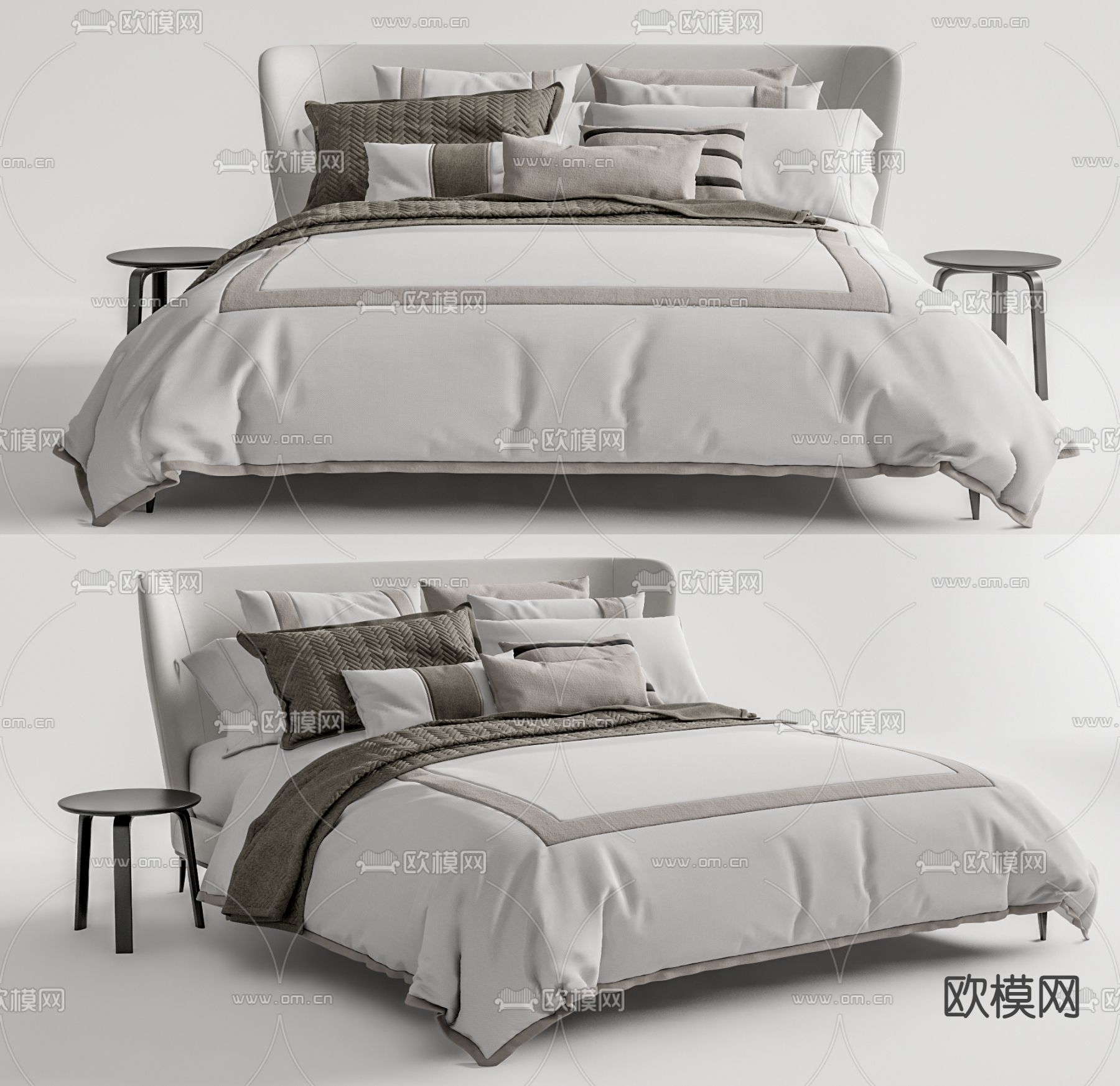 现代布艺双人床su模型下载（渲染图1）