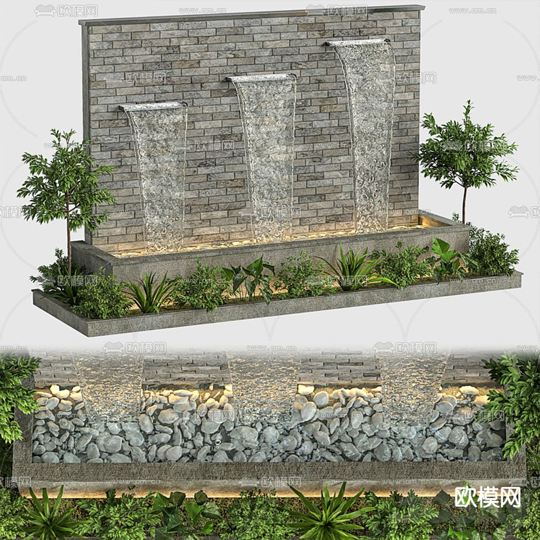现代青砖喷泉水池小品3d模型