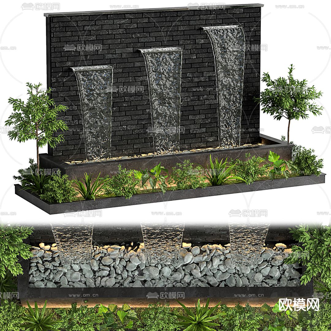 现代青砖喷泉水池小品3d模型