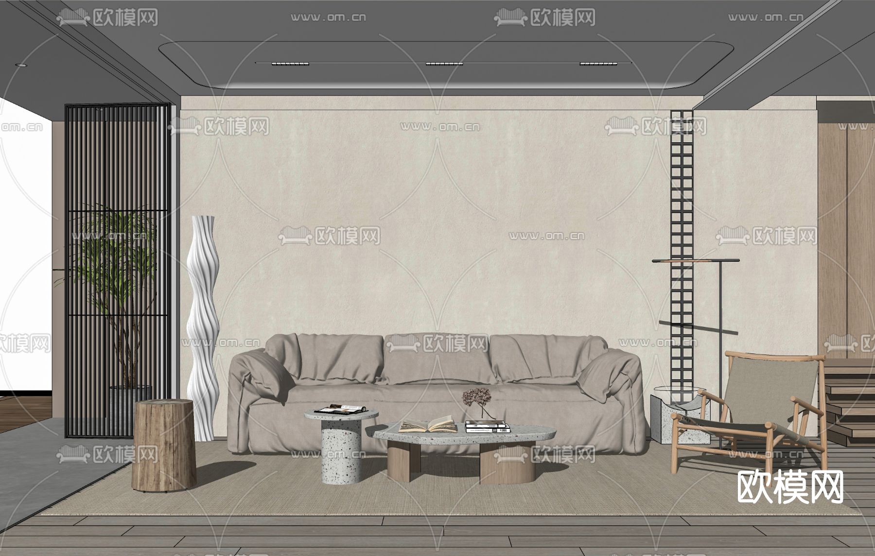 侘寂风布艺沙发组合su模型下载（渲染图2）
