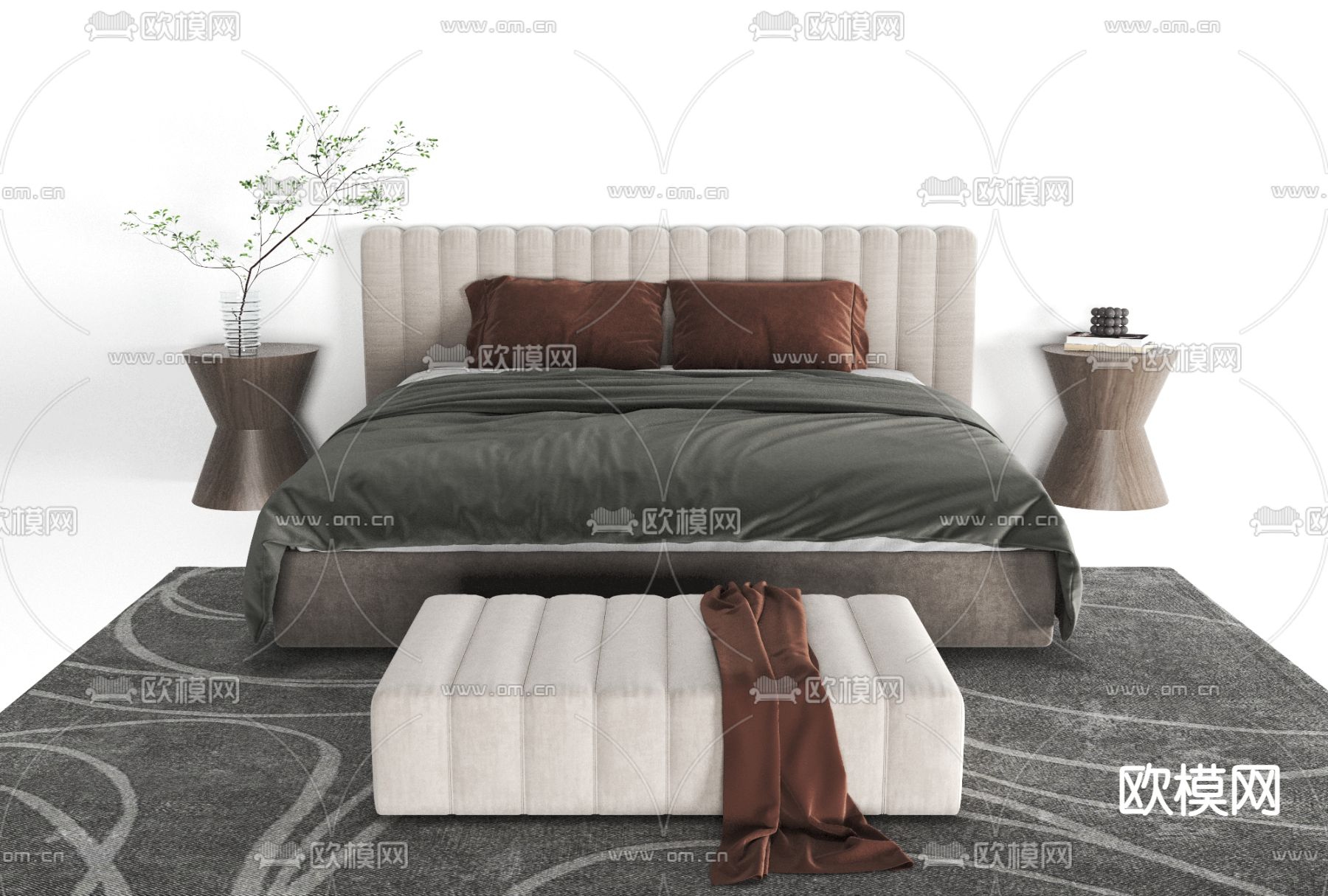 现代布艺双人床免费3d模型下载
