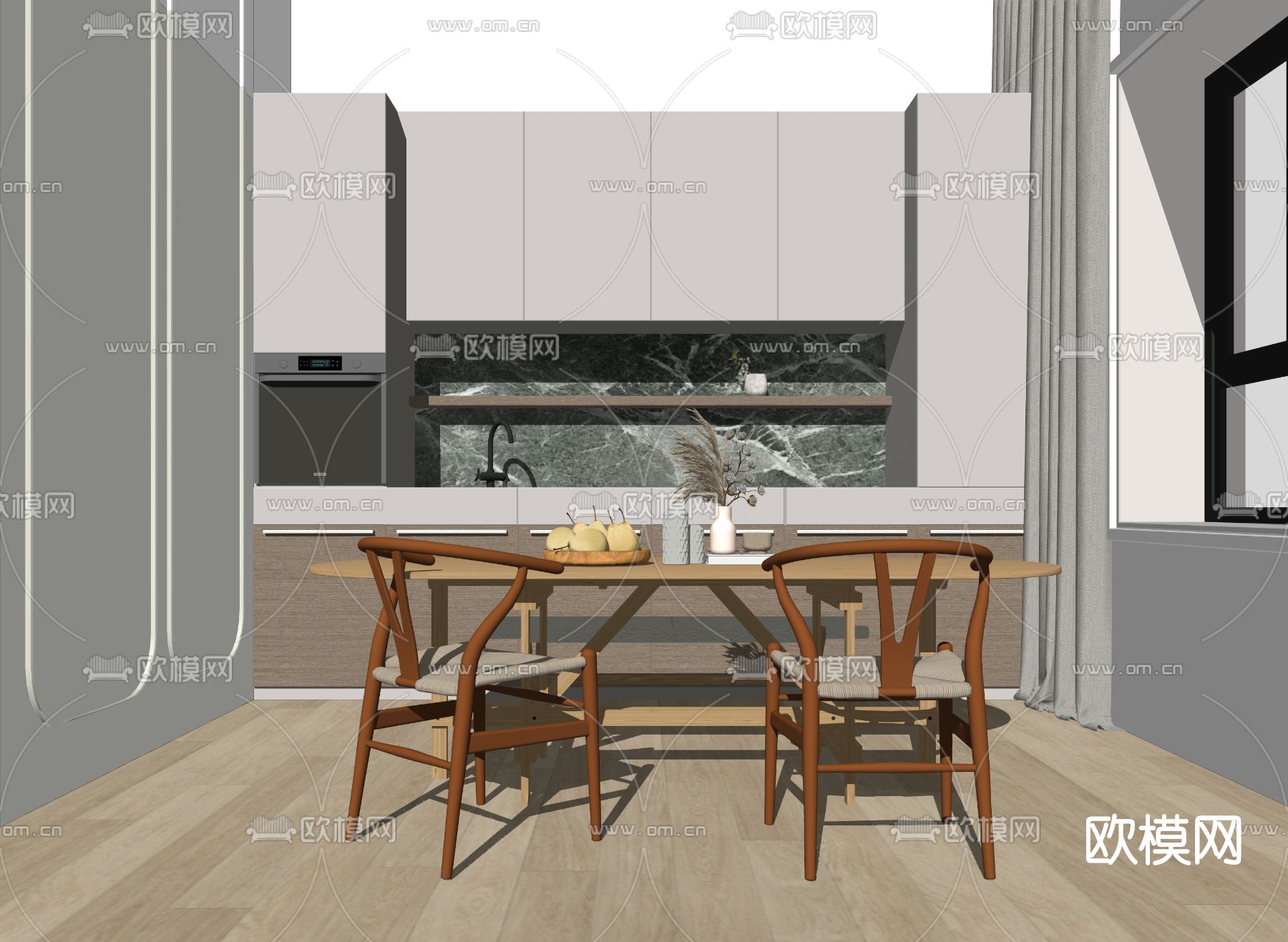北欧实木餐桌椅su模型下载（渲染图2）