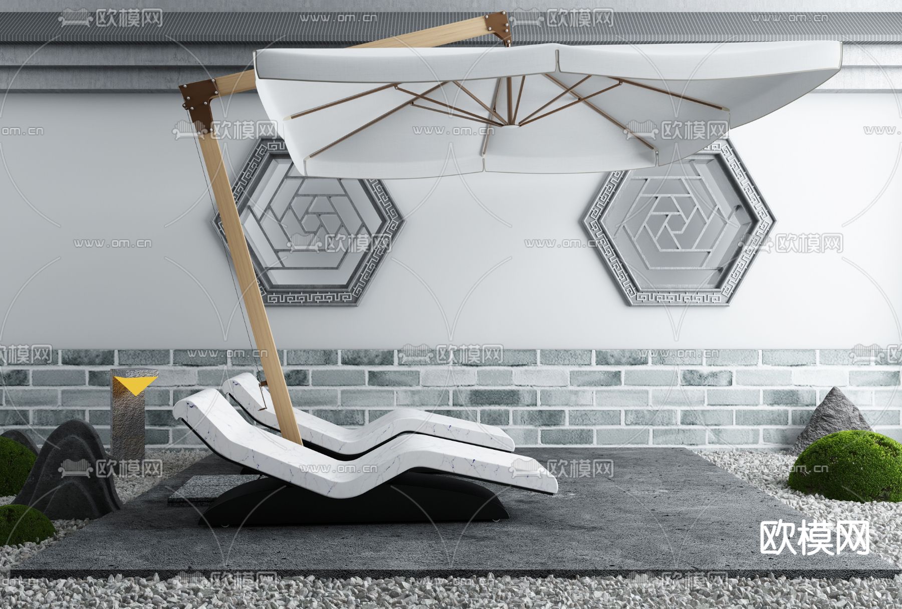 新中式户外椅遮阳伞组合3d模型下载