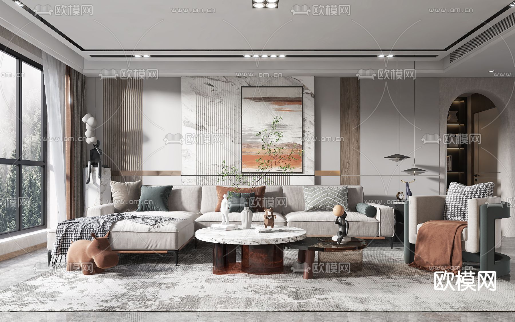 现代布艺转角沙发组合3d模型下载（渲染图1）