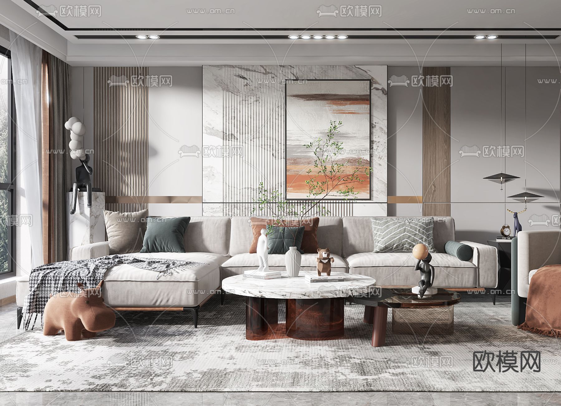 现代布艺转角沙发组合3d模型下载（渲染图2）