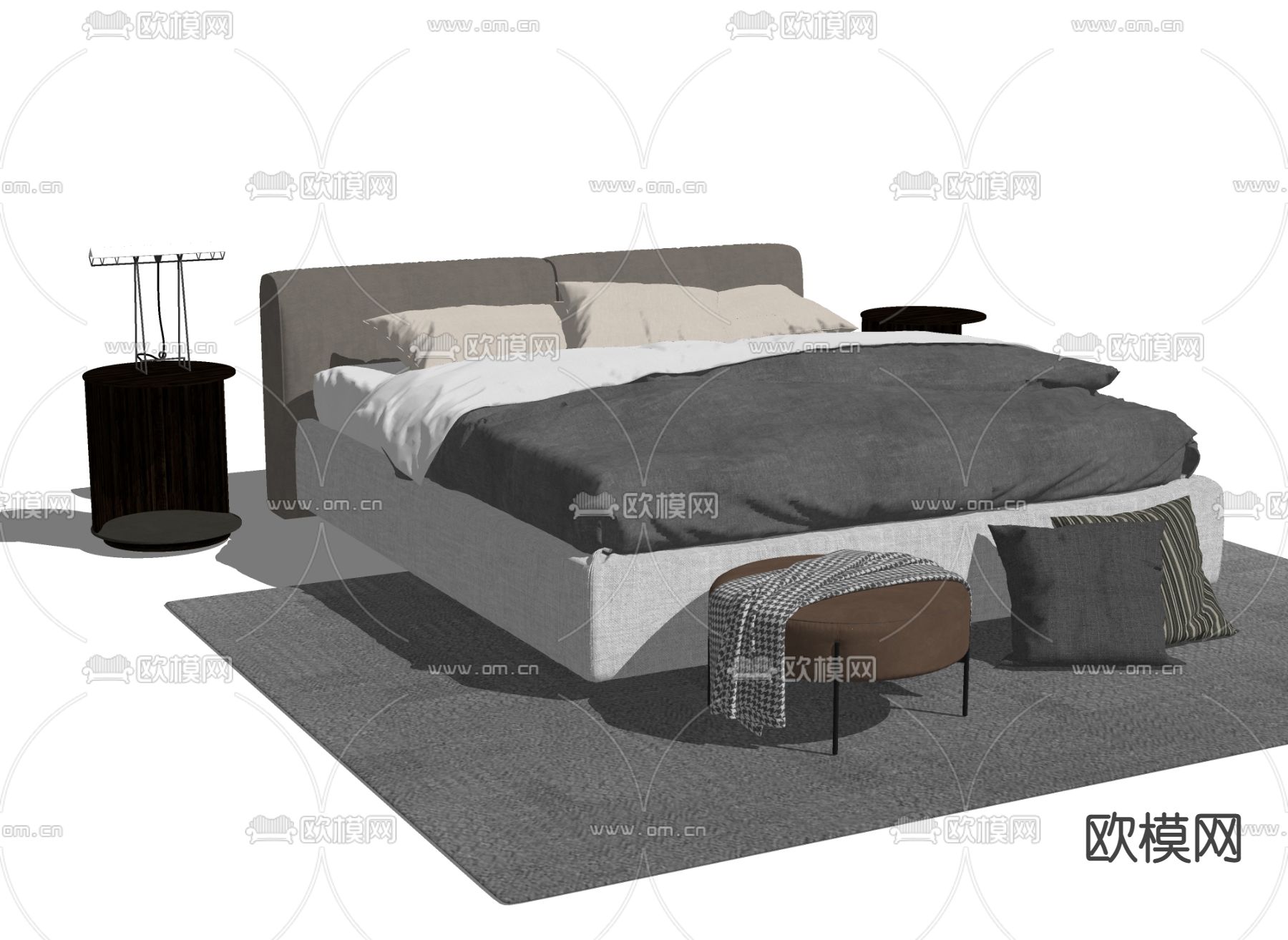 现代布艺双人床su模型下载（渲染图2）