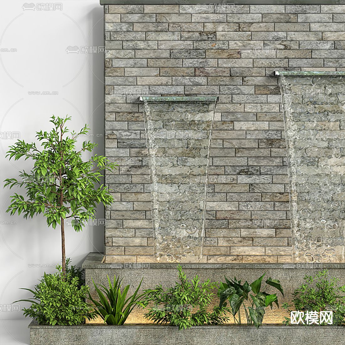 现代青砖喷泉水池小品3d模型