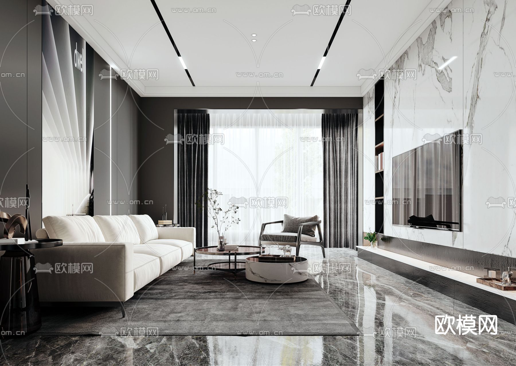 现代高级灰客餐厅3d模型下载（渲染图1）